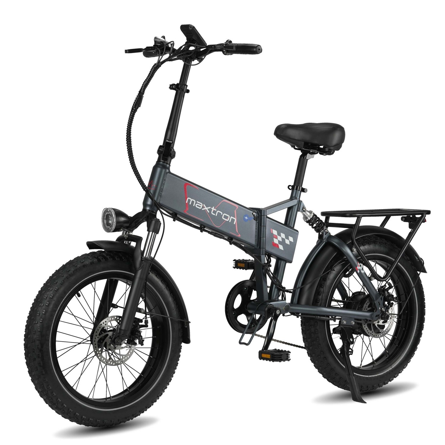 Szary składany rower elektryczny z grubymi oponami, bagażnikiem i amortyzatorem.