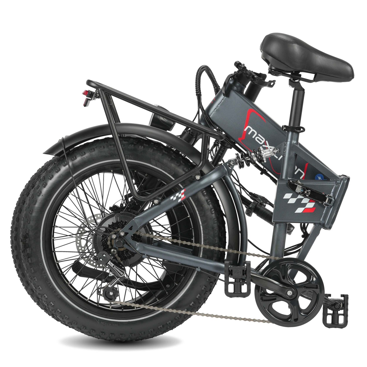 Szary składany rower elektryczny z grubymi oponami, bagażnikiem i czerwonym światłem.