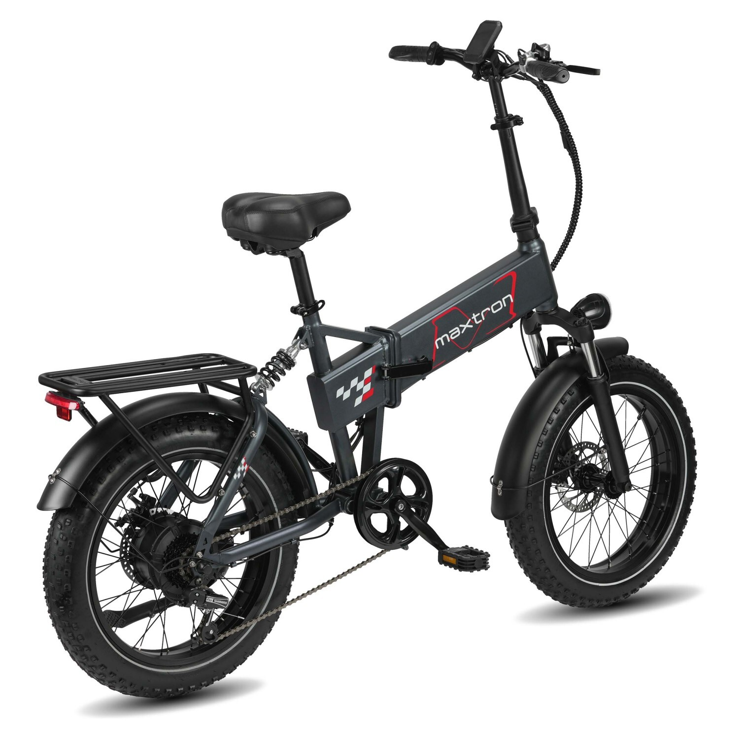 Szary składany rower elektryczny z grubymi oponami, bagażnikiem i amortyzacją.