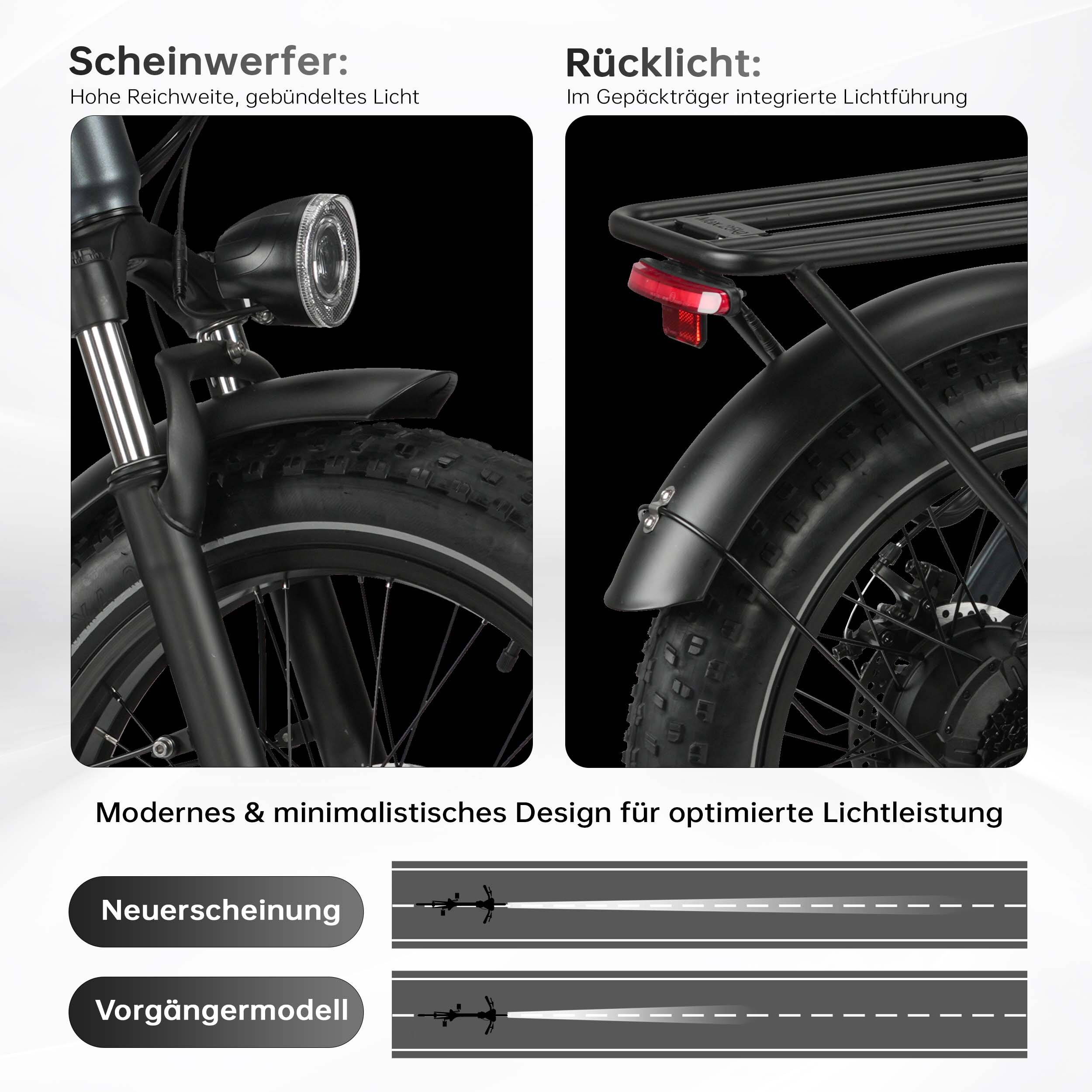Zbliżenie przedniego i tylnego światła roweru elektrycznego z tekstem.