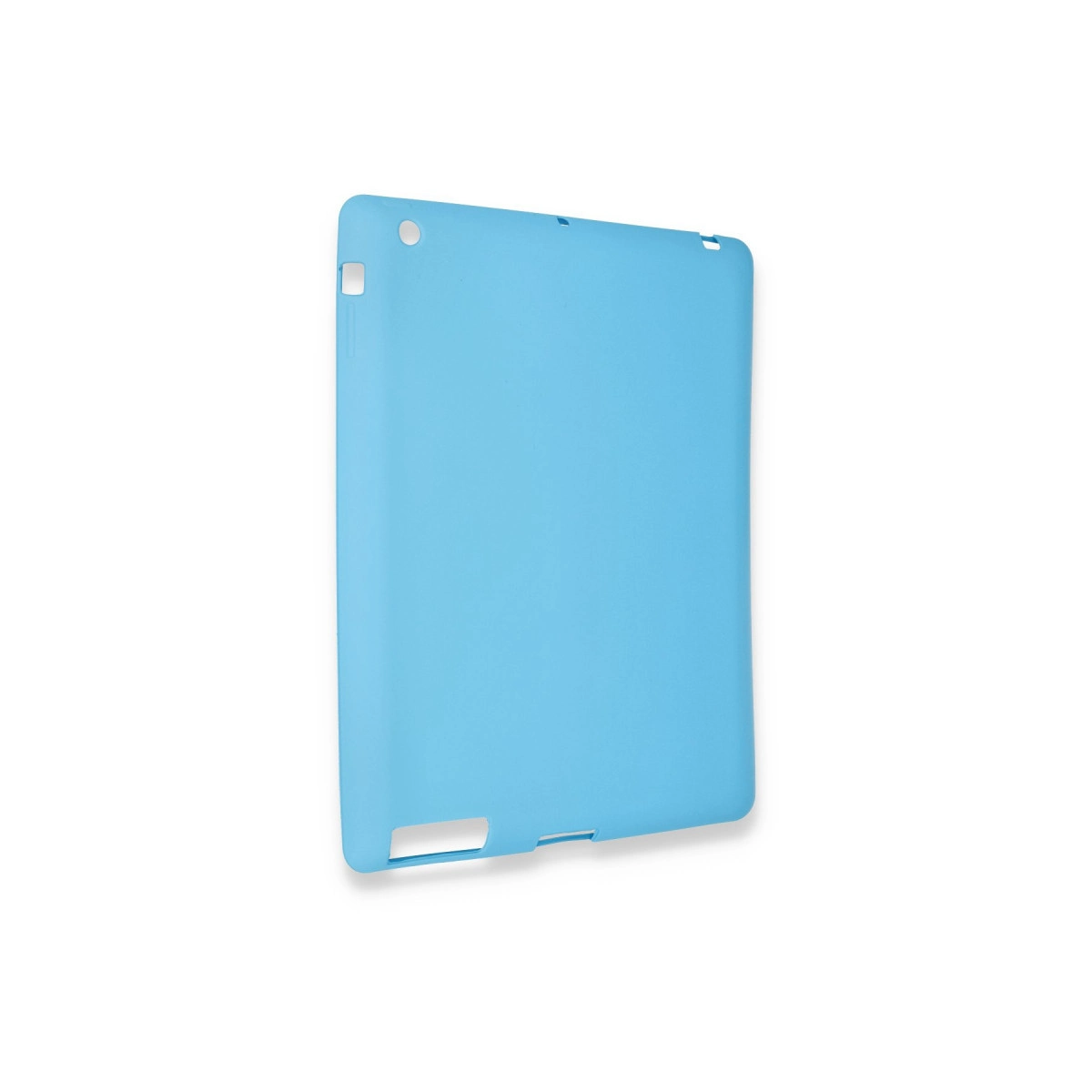 Kamera ve bağlantı noktaları için kesiklere sahip açık mavi tablet kılıfı.