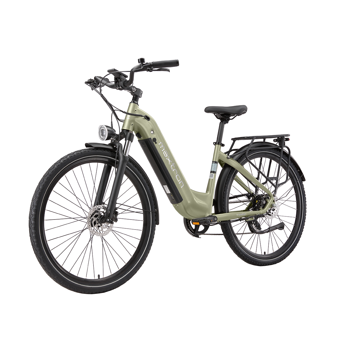 Jasnozielony rower elektryczny z bagażnikiem i przednim światłem na białym tle.