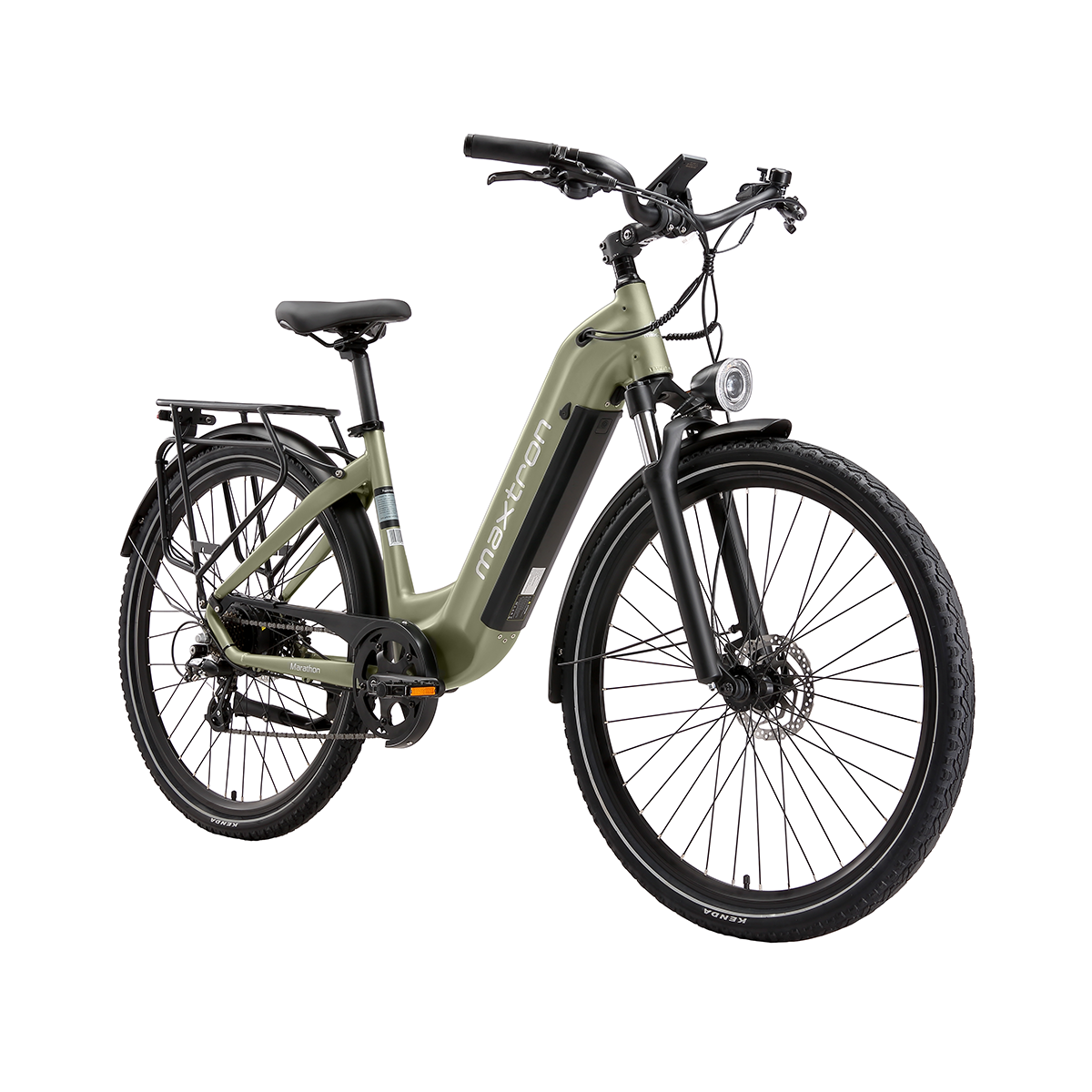 Oliwkowo-zielony rower elektryczny z bagażnikiem, błotnikami i amortyzatorem przednim.