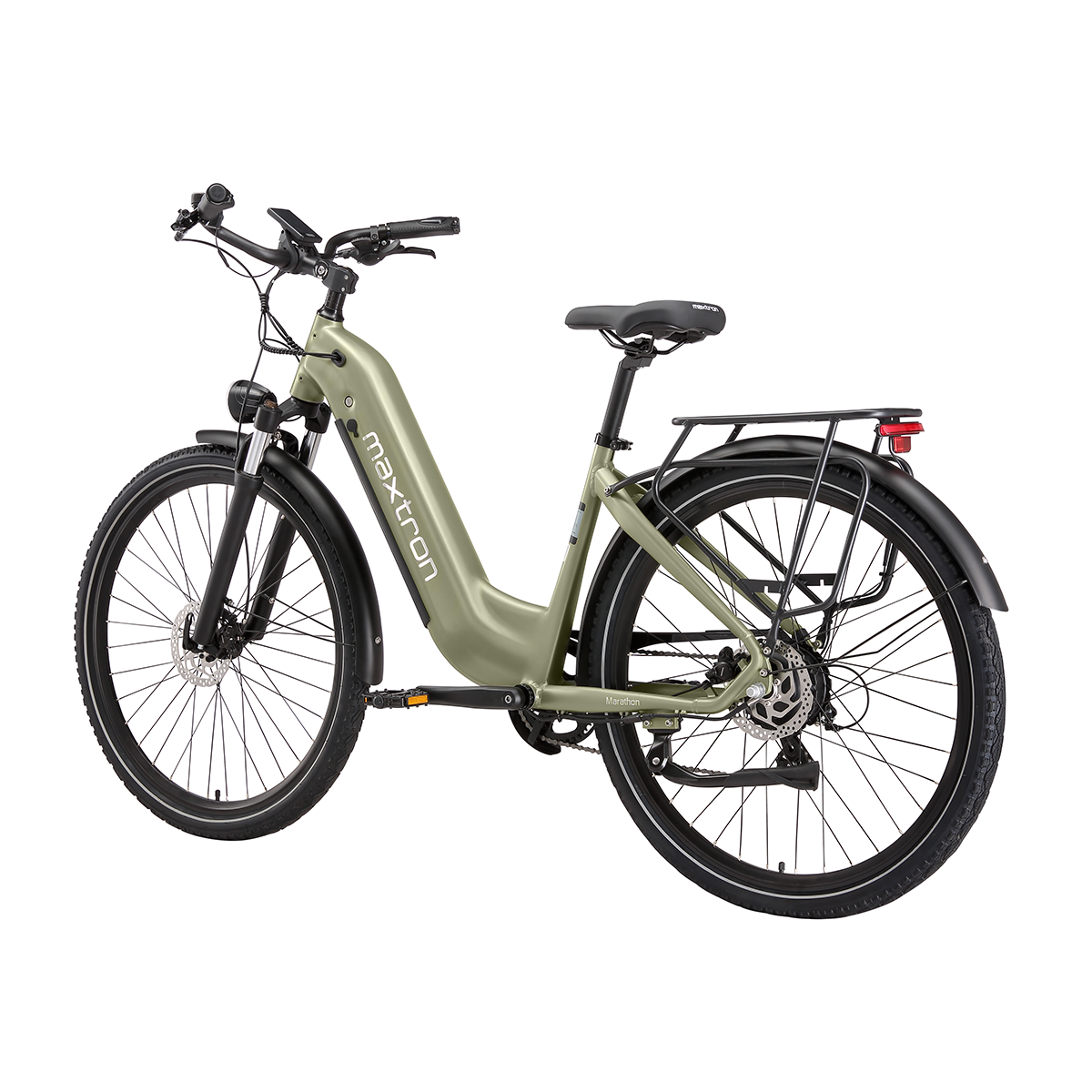 Jasnozielony rower elektryczny z bagażnikiem, amortyzowanym widelcem i hamulcami tarczowymi.