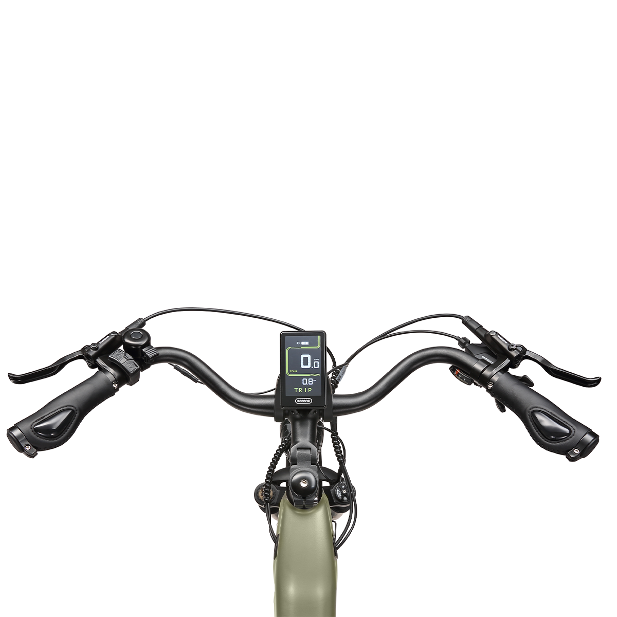 Kierownica roweru elektrycznego z wyświetlaczem, uchwytami i hamulcami.