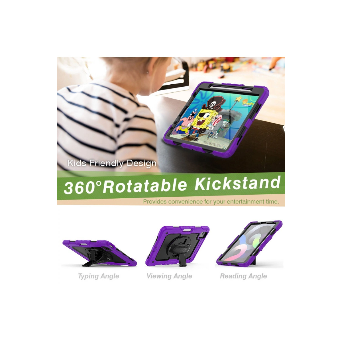 Ekranında Spongebob olan, 360 derece dönebilen stantlı mor tablet kılıfı.