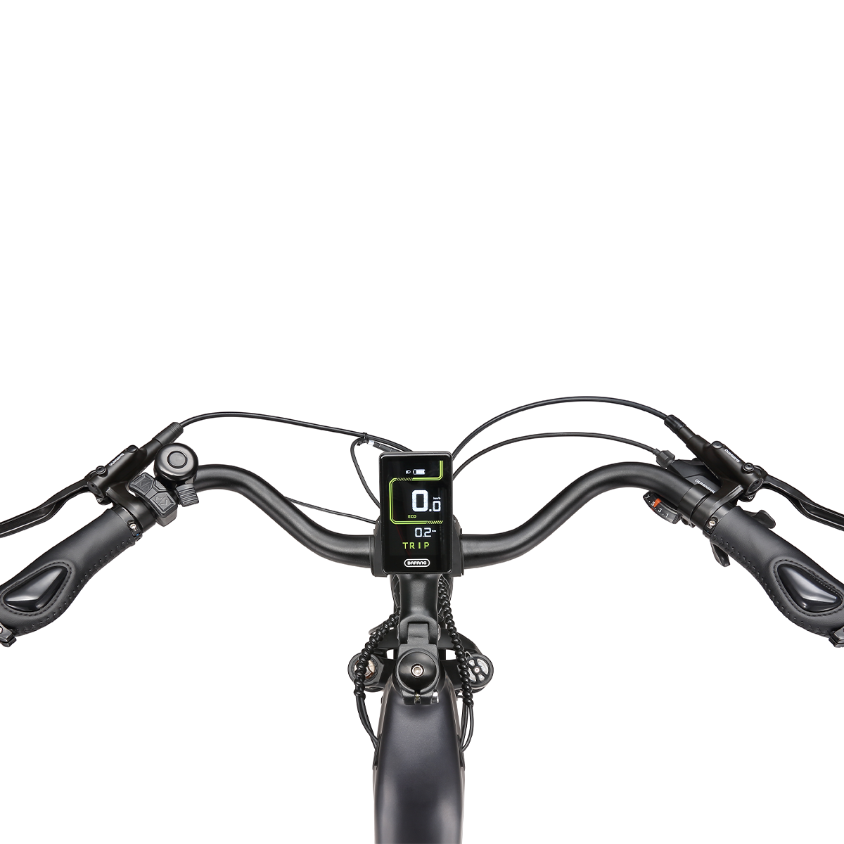 Czarna kierownica roweru z cyfrowym wyświetlaczem pokazującym prędkość i podróż.