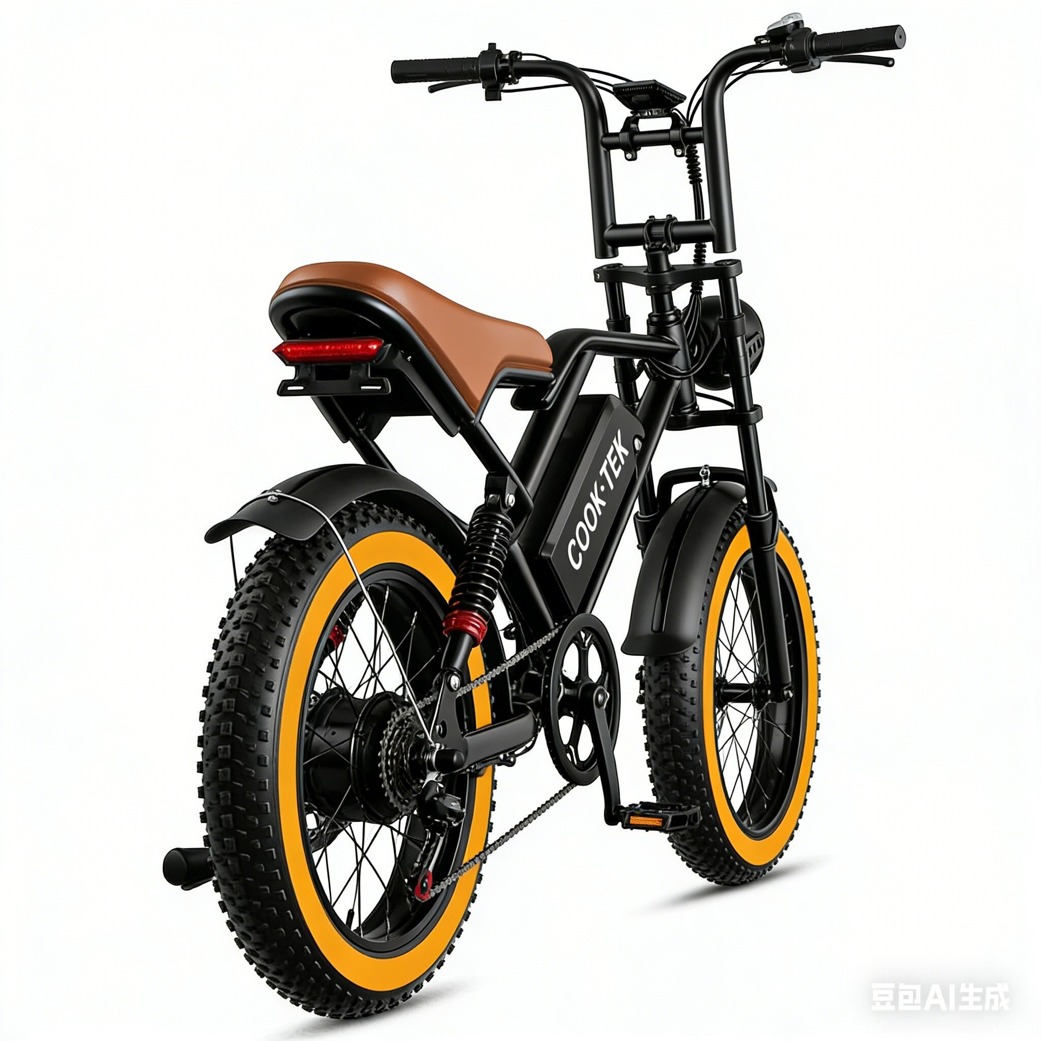 Czarny rower elektryczny z brązowym siodełkiem, grubymi oponami i żółtymi felgami.