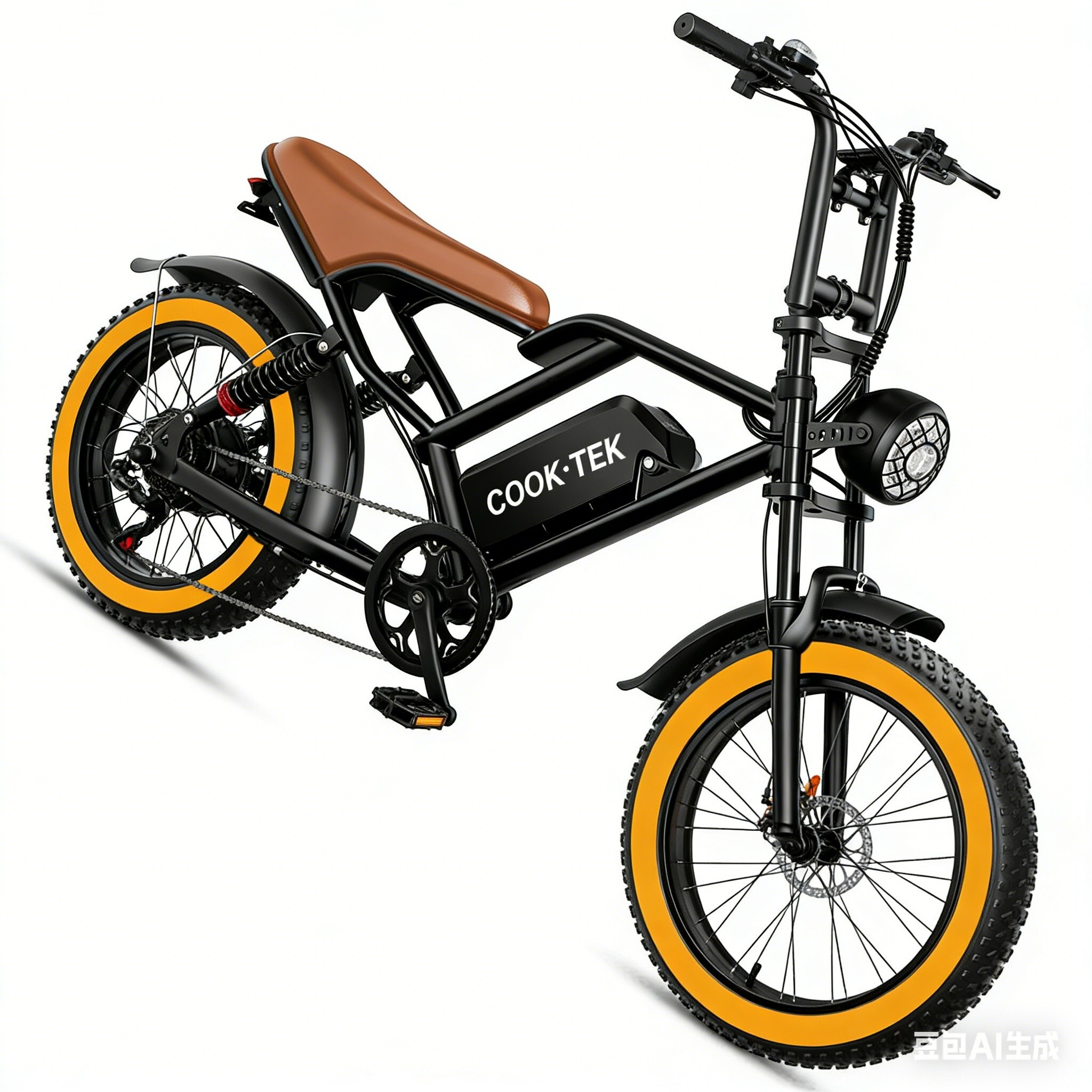 Czarny rower elektryczny z brązowym siodełkiem, pomarańczowymi felgami.
