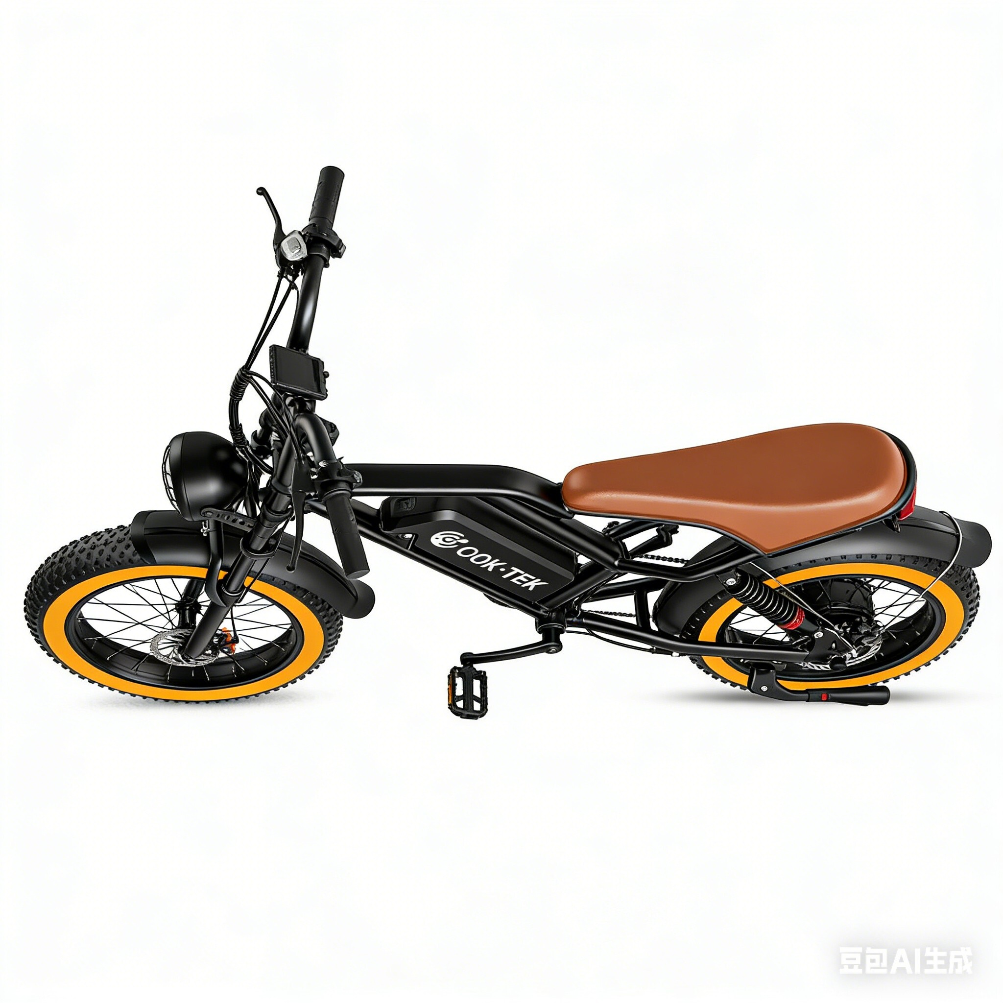 Czarny rower elektryczny z brązowym siodełkiem, pomarańczowymi oponami i białym tłem.