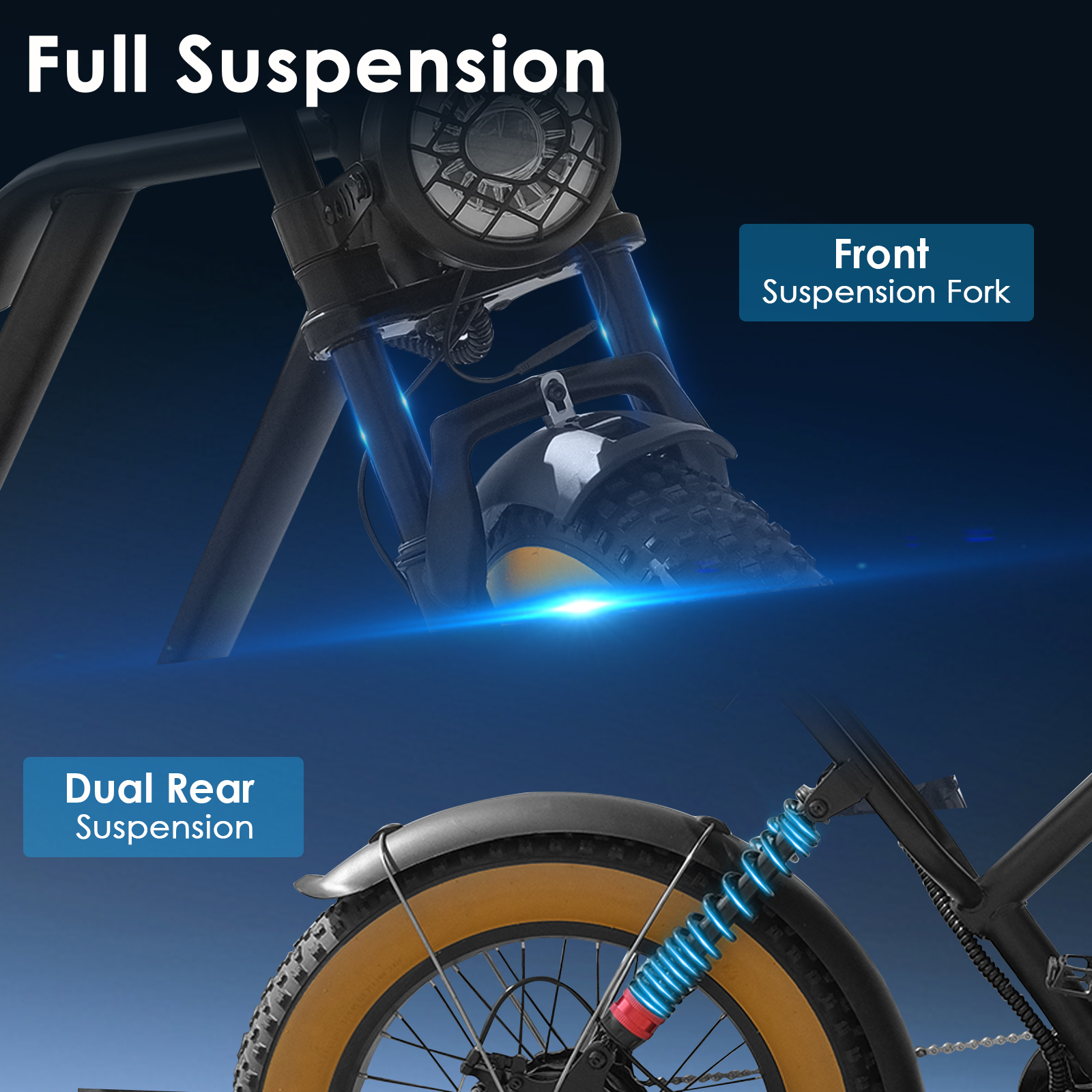 Zbliżenie przedniego widelca i tylnego amortyzatora roweru.