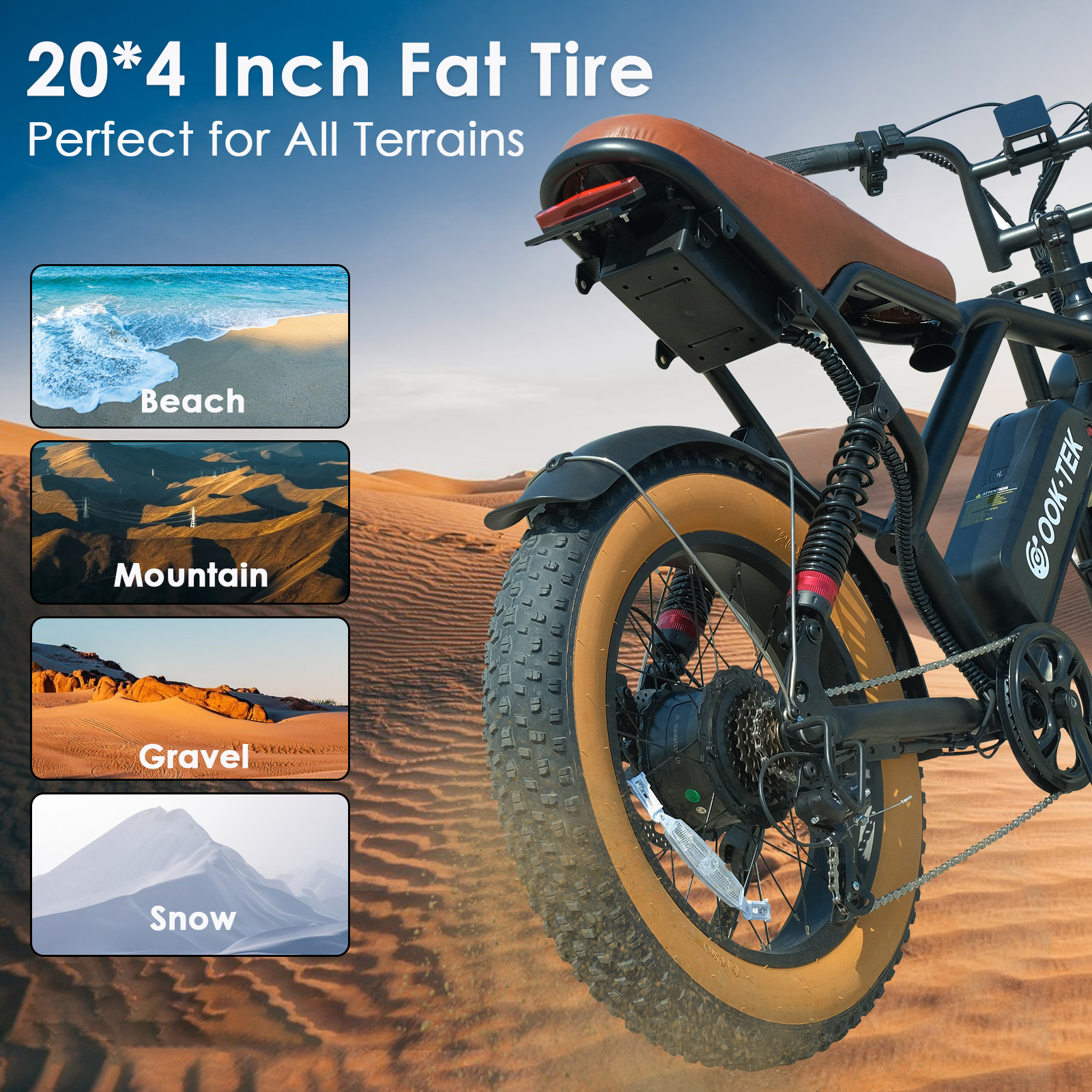 Rower elektryczny z grubymi oponami jedzie przez piasek, pokazując tereny plażowe, górskie, żwirowe, śnieżne.