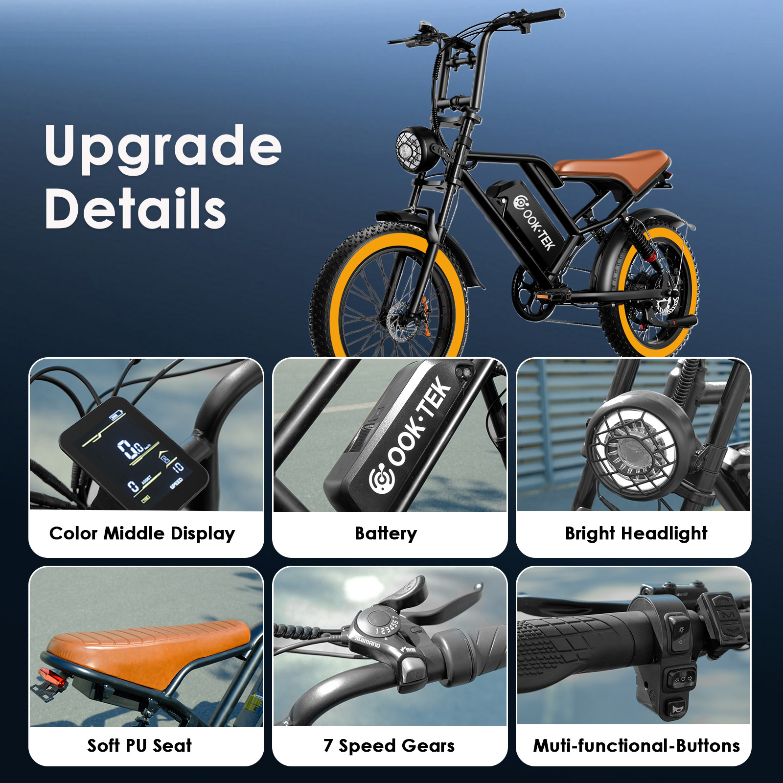 Czarny rower elektryczny z żółtymi obręczami, kolorowym wyświetlaczem, baterią, światłem, siedzeniem, biegami i kontrolkami.