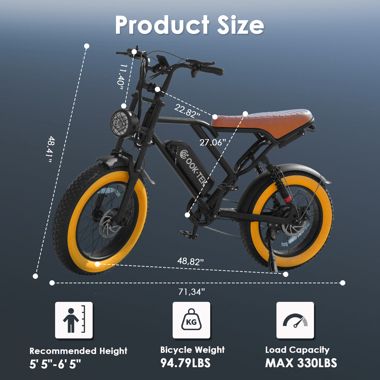 Czarny rower elektryczny z brązowym siedzeniem, żółtymi obręczami i wymiarami.