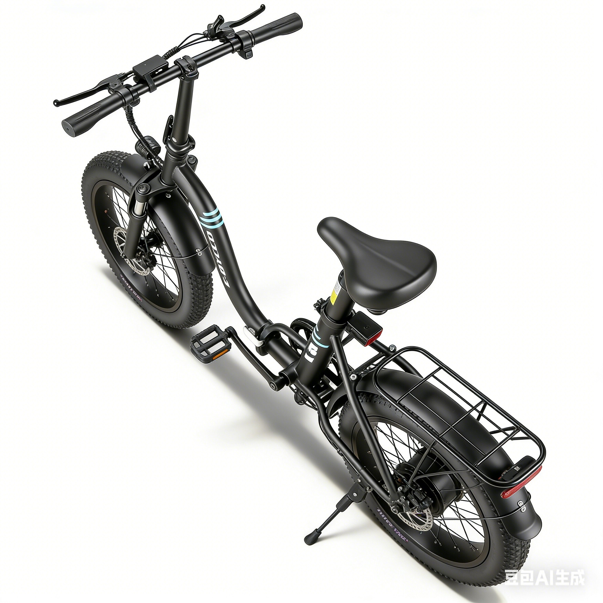 Czarny rower elektryczny typu fat bike z siedzeniem, bagażnikiem i białym tłem.