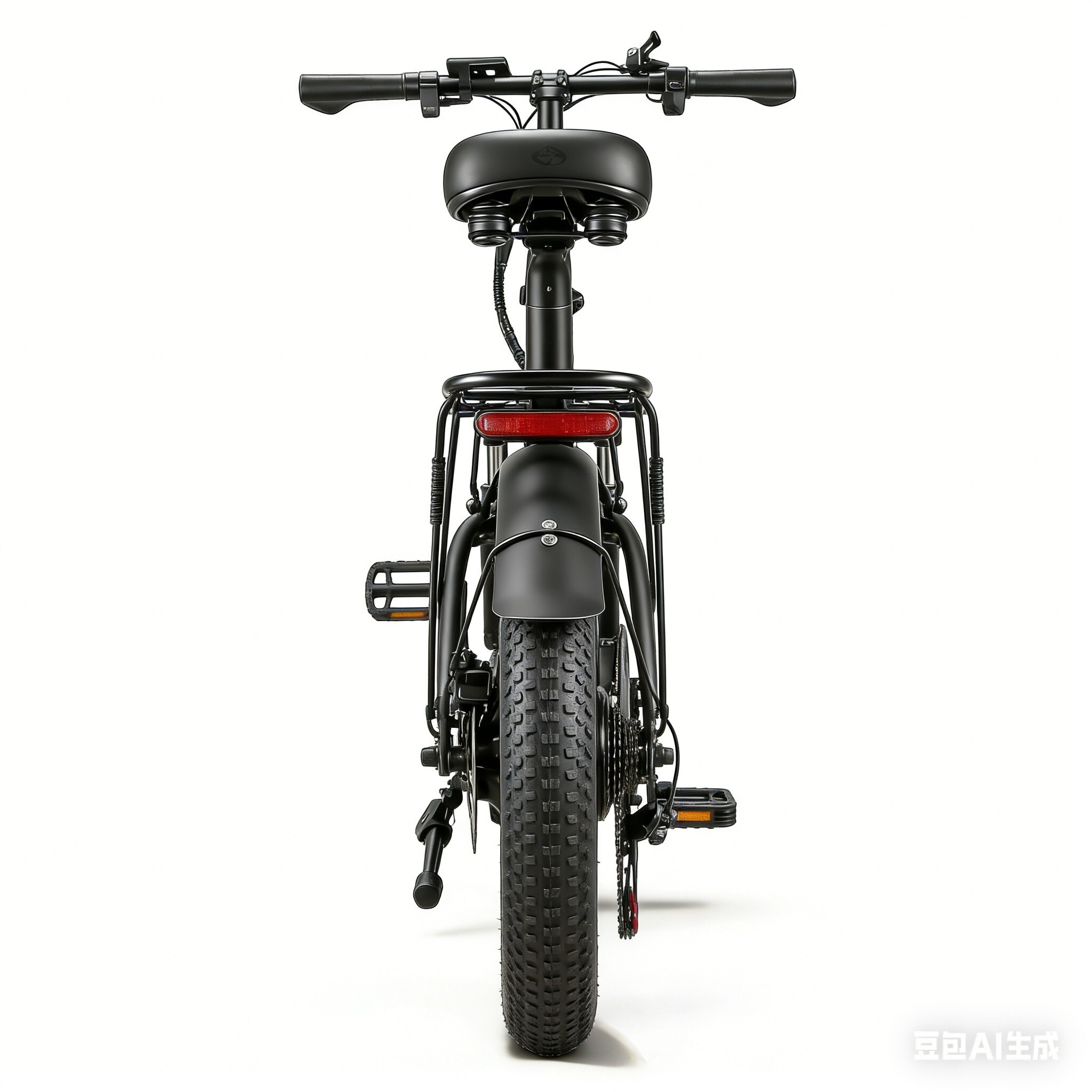 Widok z tyłu czarnego roweru elektrycznego z grubymi oponami, bagażnikiem i czerwonym światłem.