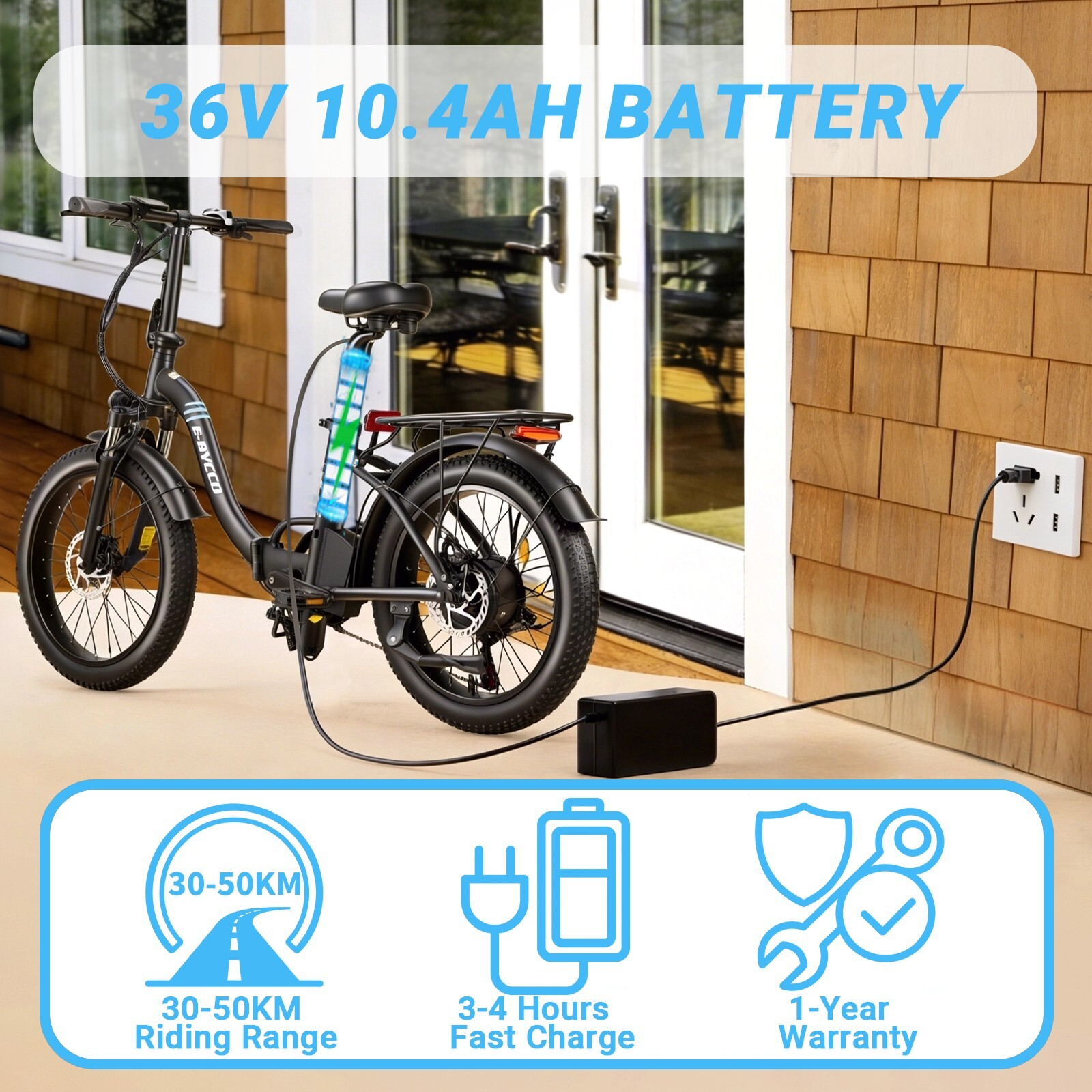 Czarny rower elektryczny podłączony, z informacją o baterii 36V 10,4AH.