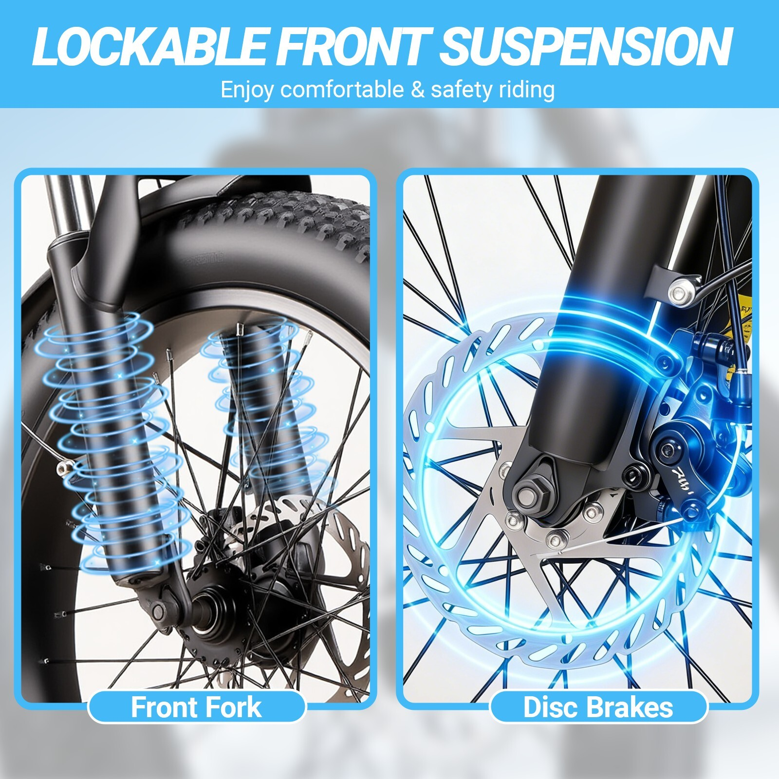 Zbliżenie przedniego widelca i hamulców tarczowych roweru z niebieskimi efektami.