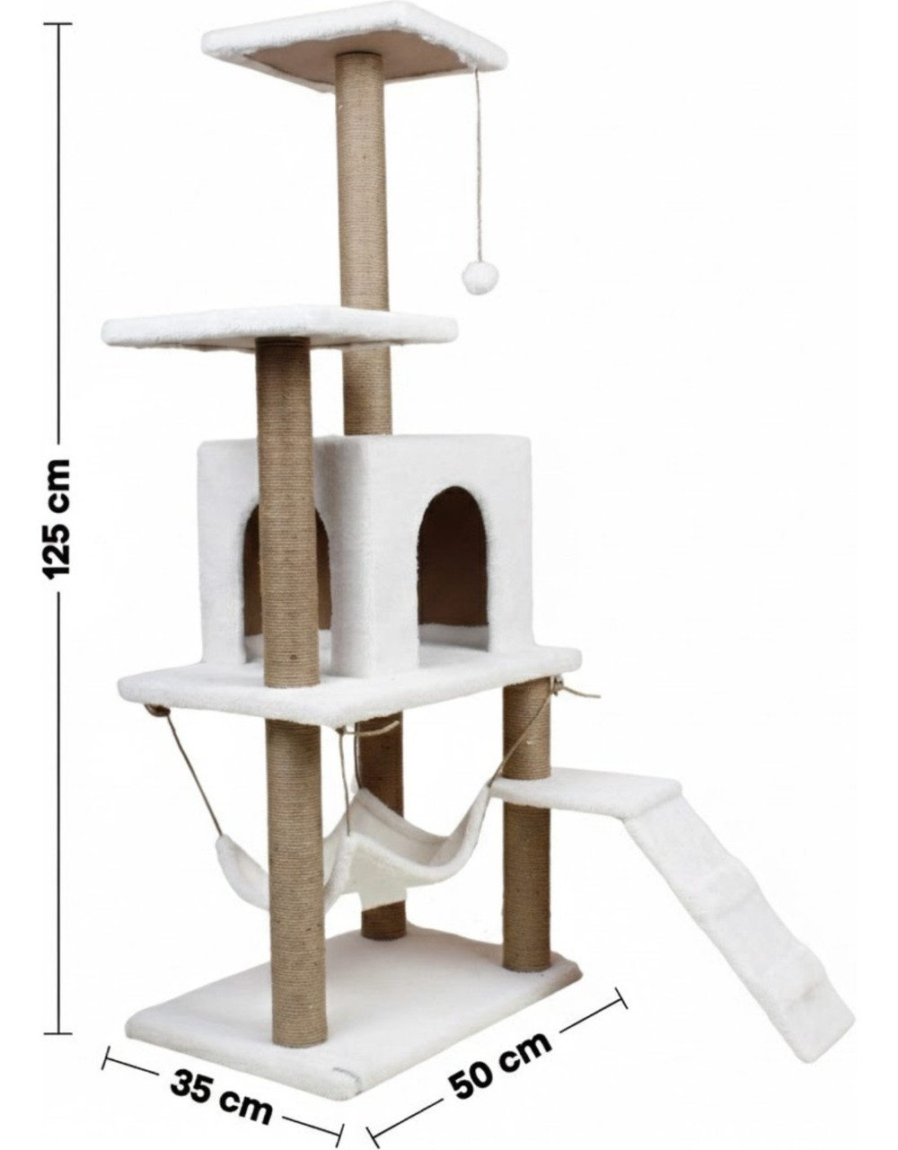 Beyaz kedi ağacı hamak, rampa ve oyuncaklı. 125cm yüksek.