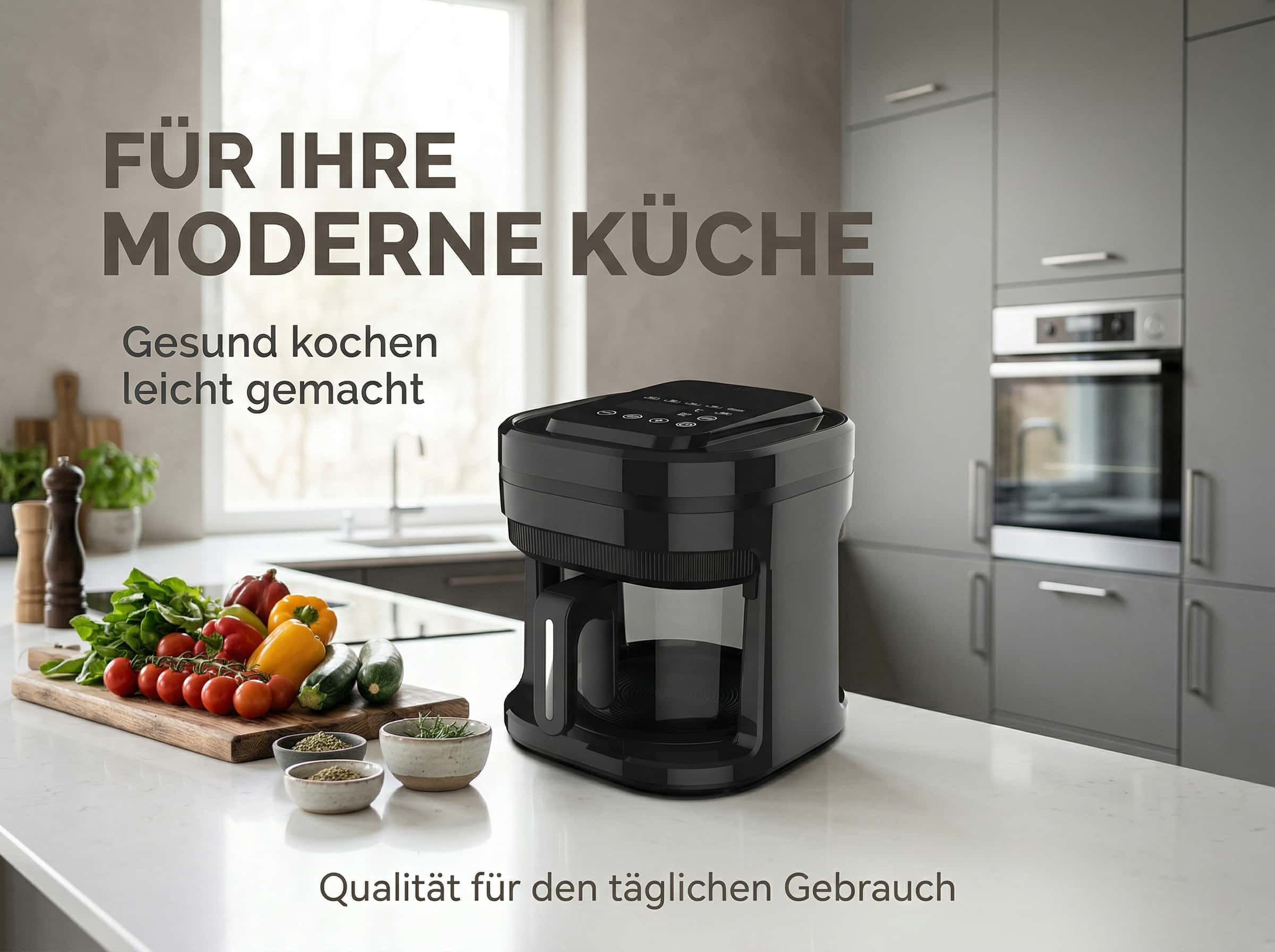 Schwarze Kaffeemaschine auf einer Marmorarbeitsplatte mit frischem Gemüse.