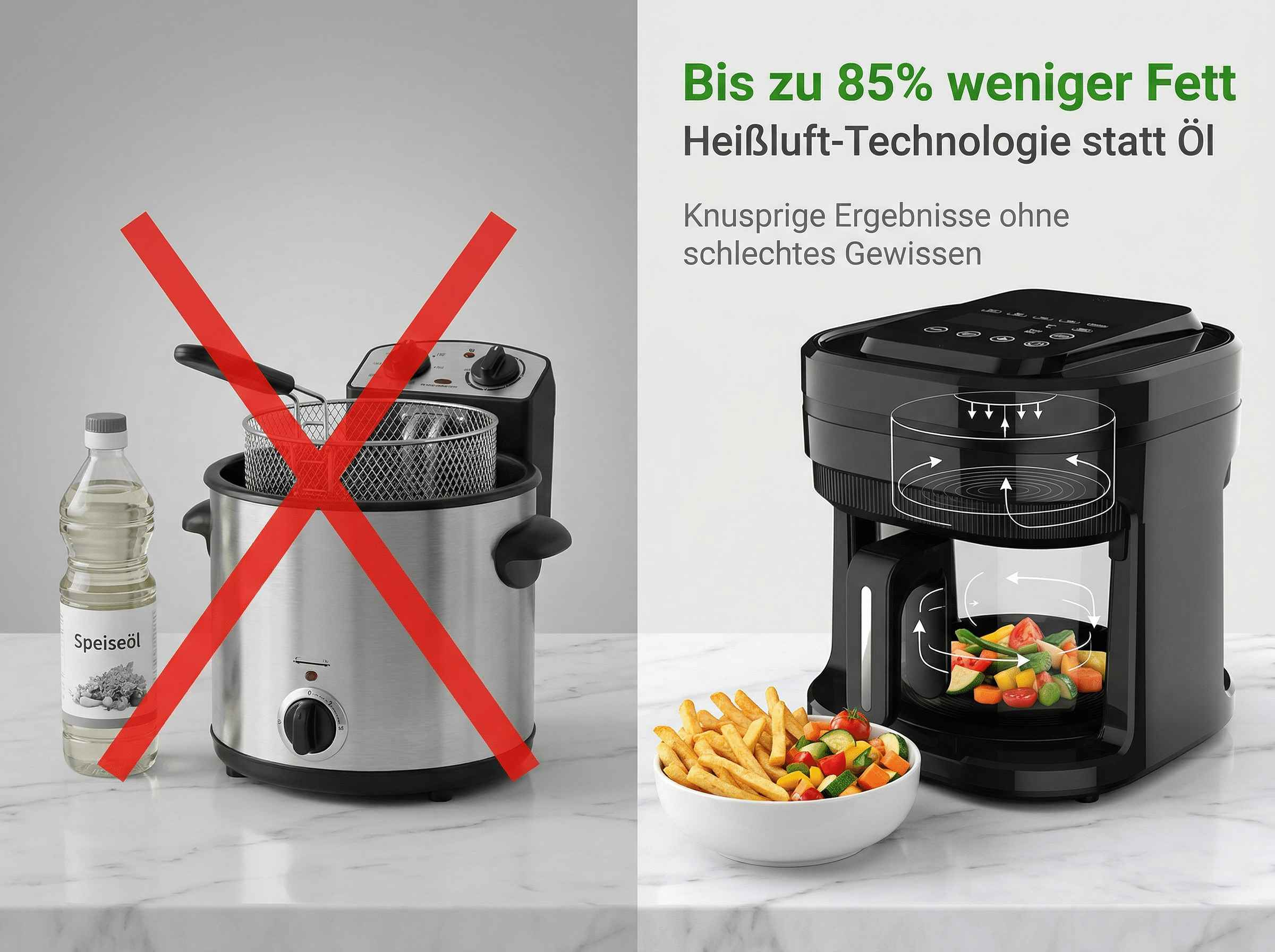 Ein Frittiergerät mit Öl und rotem Kreuz daneben, daneben ein Airfryer mit Gemüse.
