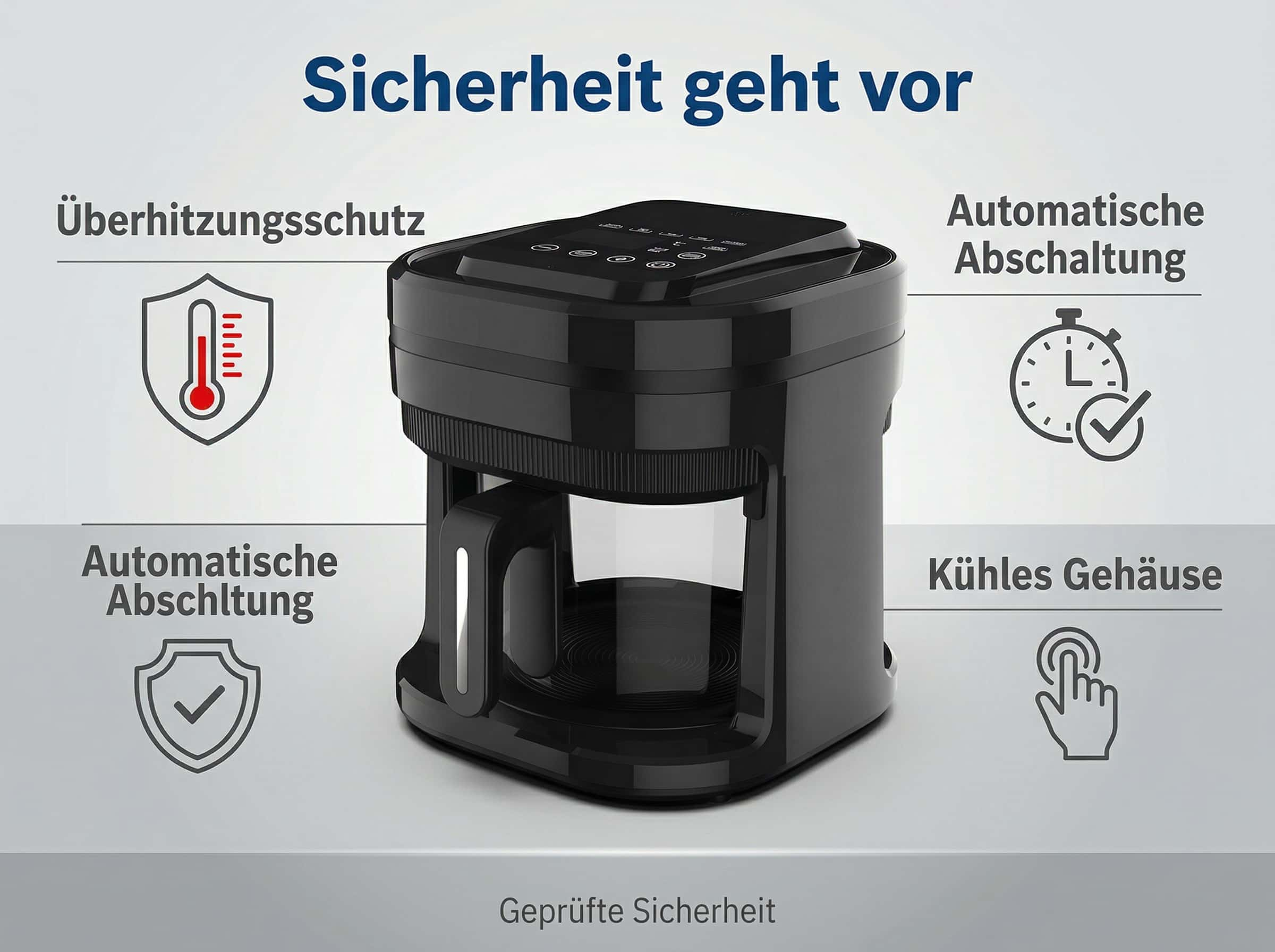Schwarze Kaffeemaschine mit Sicherheitssymbolen für Überhitzungsschutz und Abschaltung.