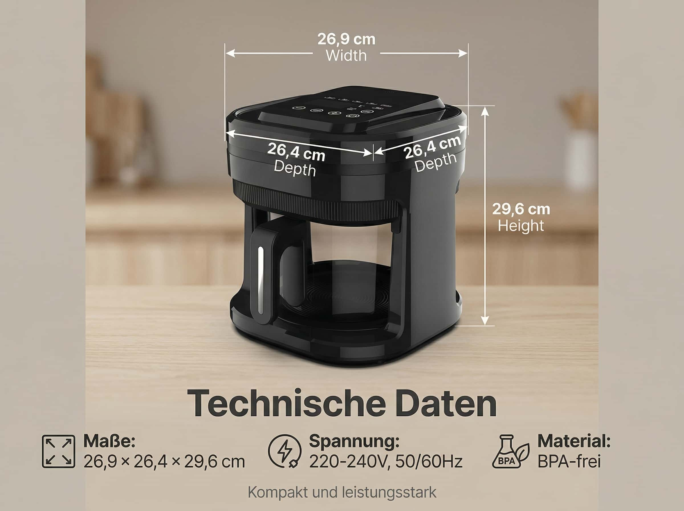 Schwarze Kaffeemaschine mit Maßen: Breite 26,9cm, Tiefe 26,4cm, Höhe 29,6cm.