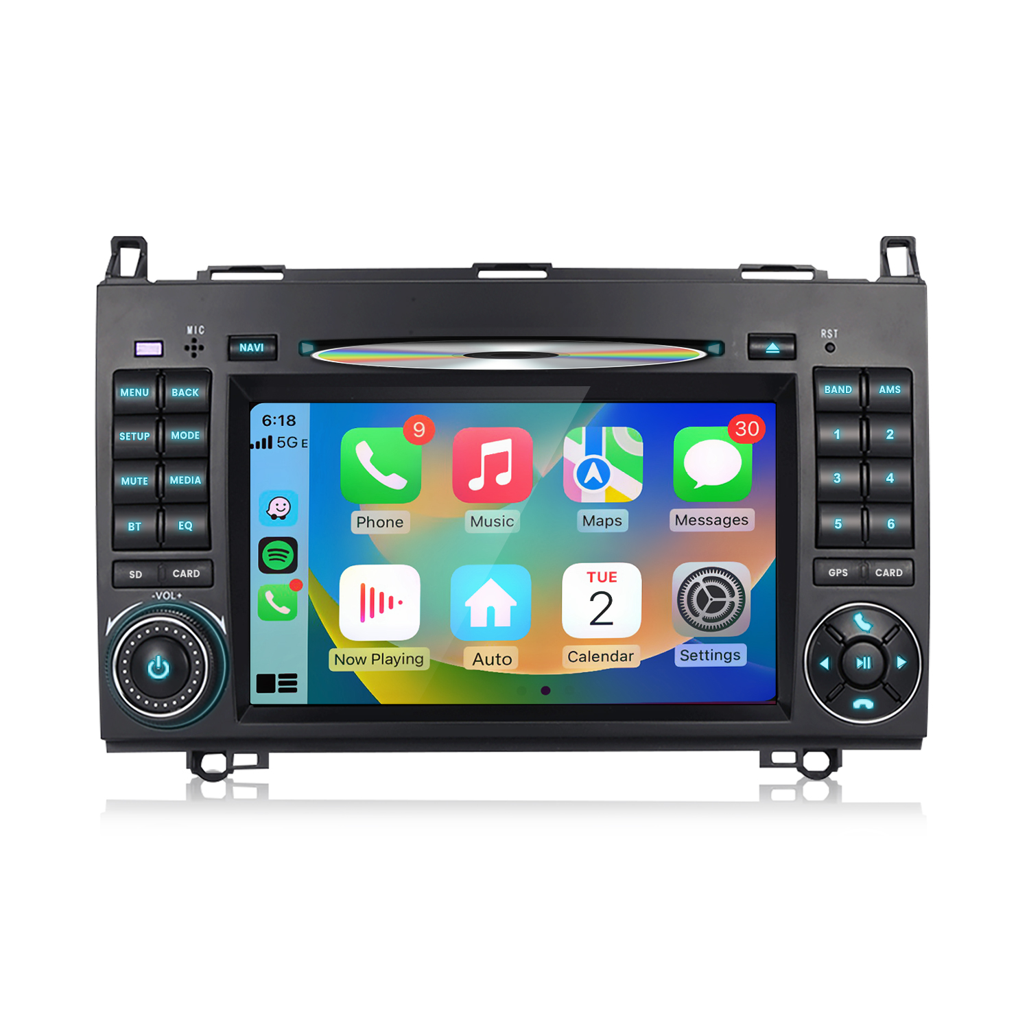 Ein Auto-Infotainment-System mit Touchscreen-Display und physischen Tasten.
