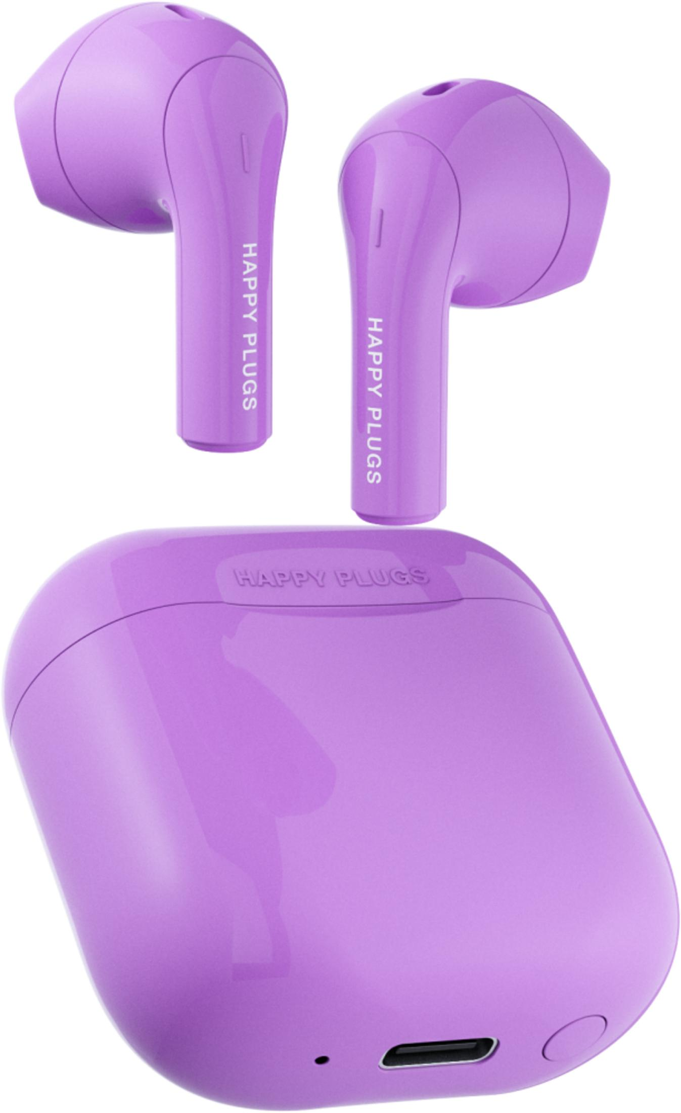 Lila Kopfhörer und Ladecase mit Happy Plugs Logo.