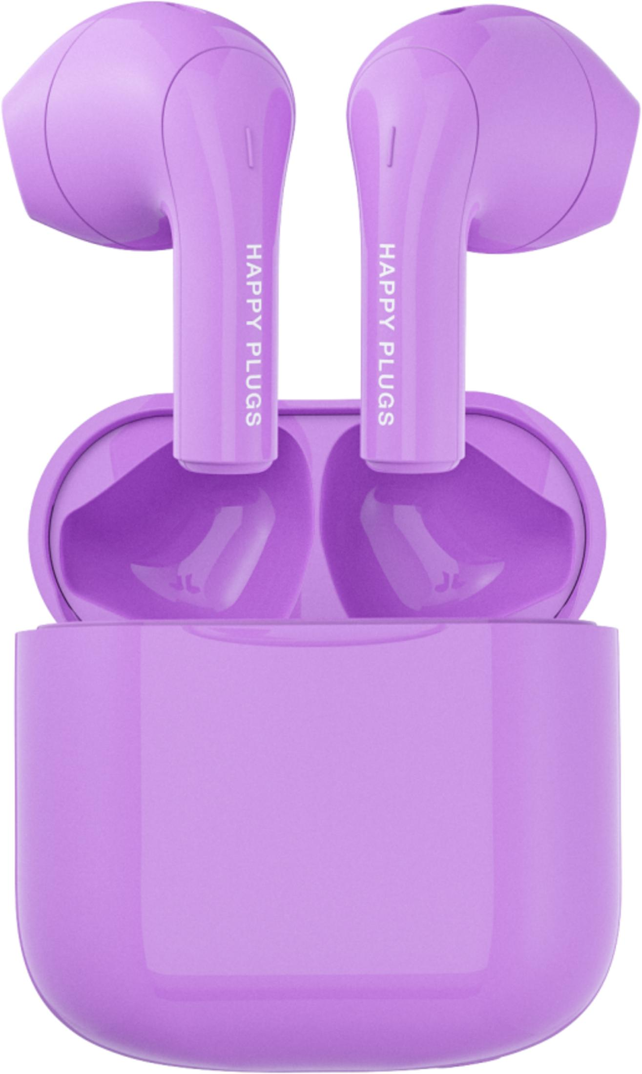 Lila kabellose Kopfhörer mit Ladecase, Marke Happy Plugs.