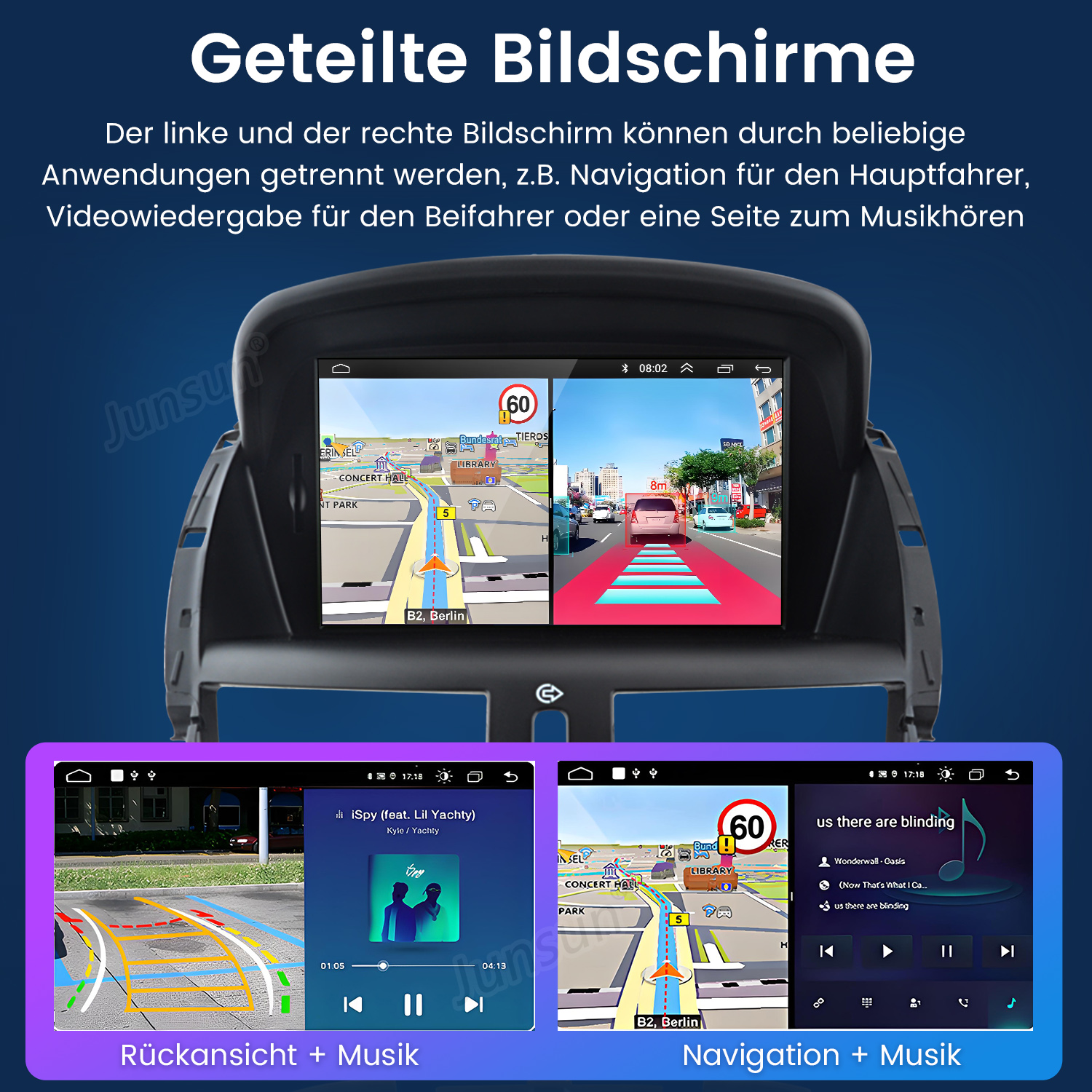 Ein Autoradio mit geteiltem Bildschirm zeigt Navigation und Musik.