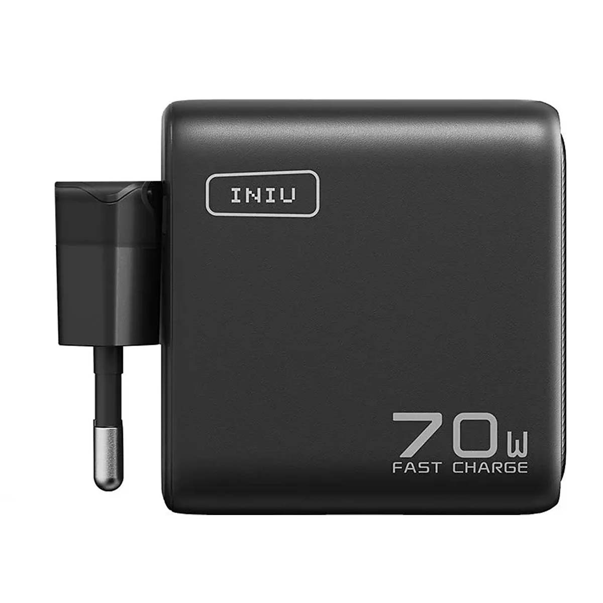 Adattatore ricarica rapida nero 70W con logo INIU e spina pieghevole.