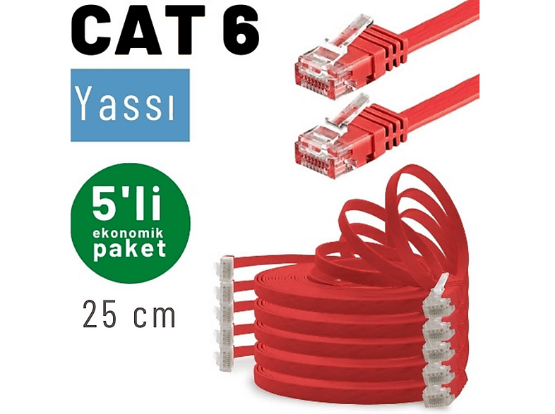 IRENIS 5 Adet 25 cm CAT6 Kablo Yassı Network Lan Ağ İnternet Ethernet Kablosu
