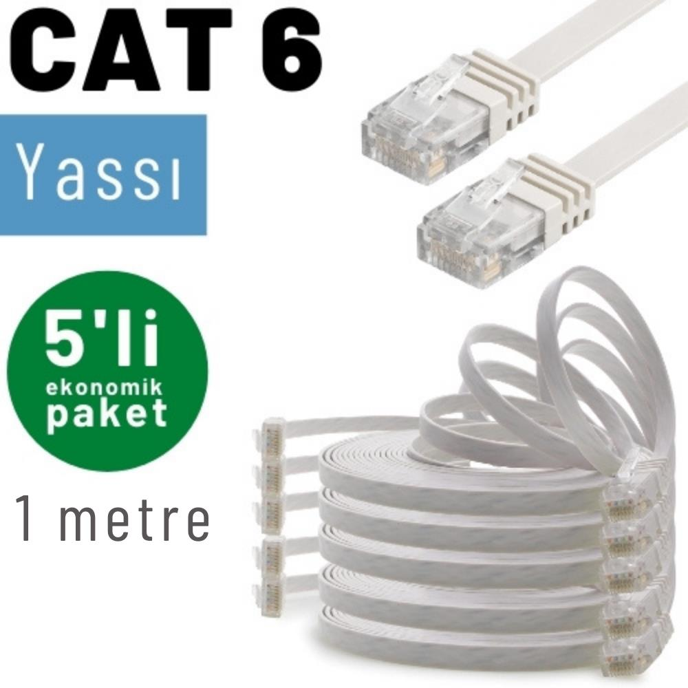 Düz CAT 6 ağ kabloları, 1 metre, 5'li paket.