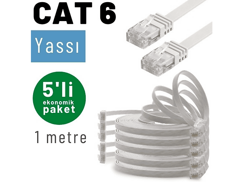 IRENIS 5 Adet 1 m CAT6 Kablo Yassı Network Lan Ağ İnternet Ethernet Kablosu