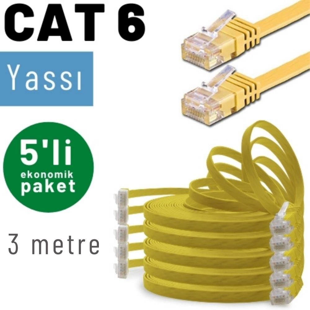 Düz CAT 6 sarı ağ kabloları, 3 metre, 5'li paket.