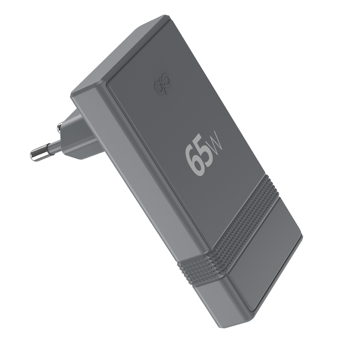Un adattatore di alimentazione grigio da 65W con spina europea.