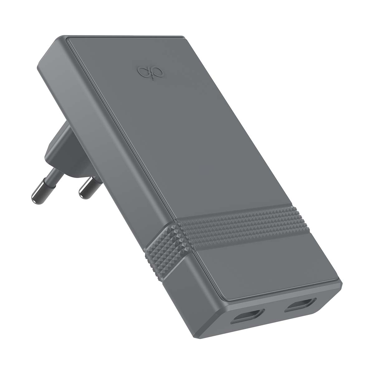 Adattatore da viaggio grigio con due porte USB e spina europea.