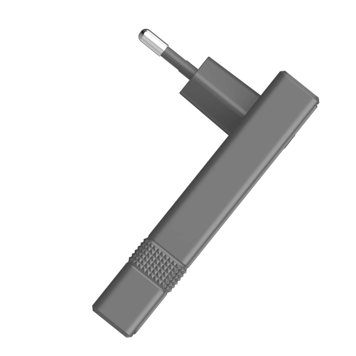 Adattatore grigio con perno metallico e zigrinatura.