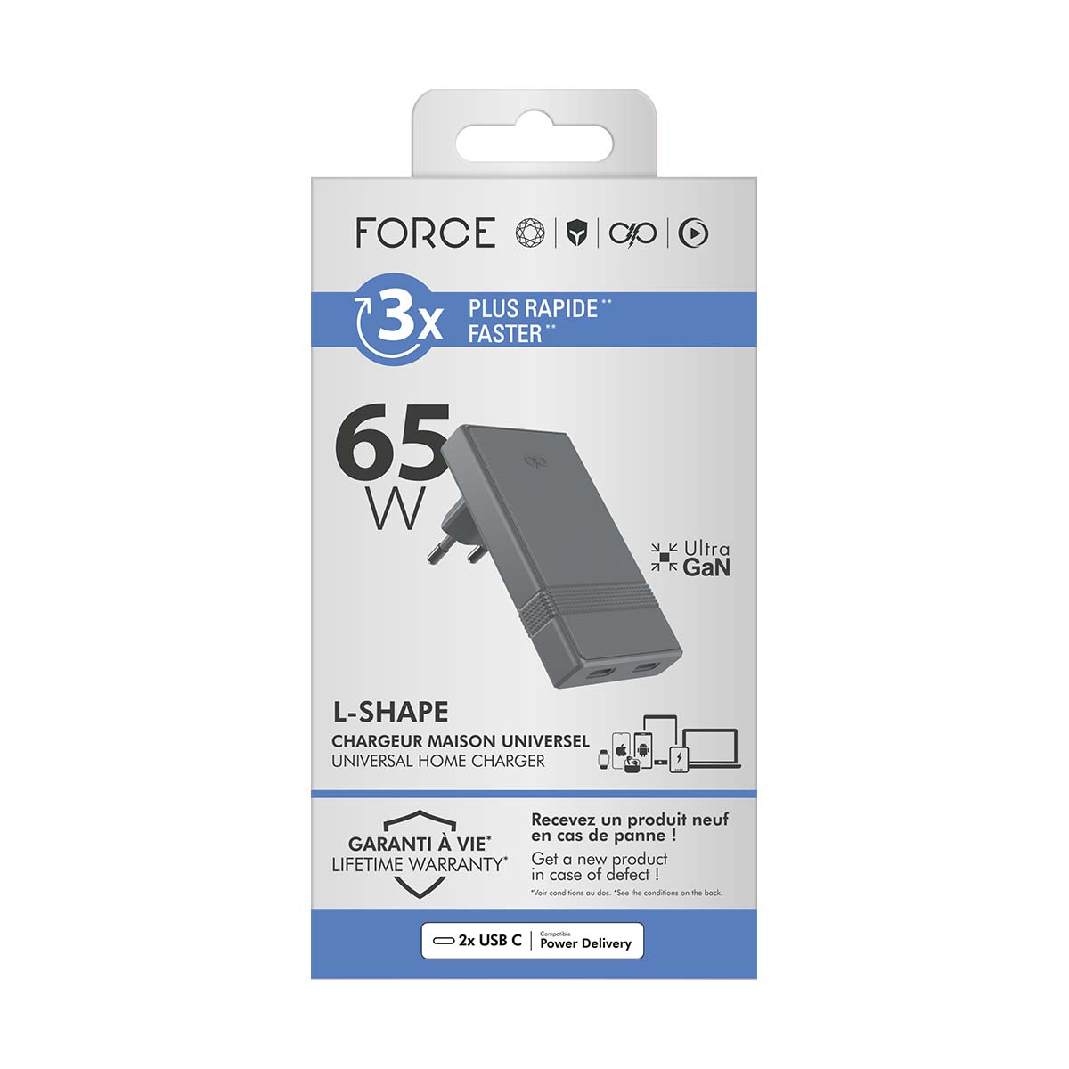 Confezione grigia caricatore USB-C L-Shape 65W con "3x più veloce" e "Ultra GaN".