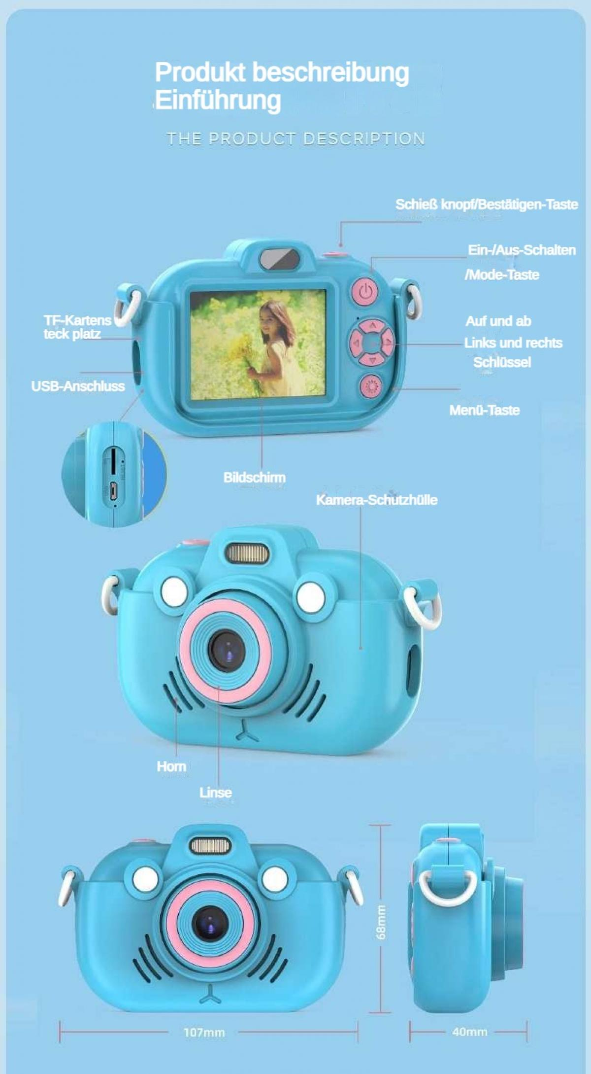 Produktbeschreibung einer blauen Digitalkamera mit Details und Maßen.