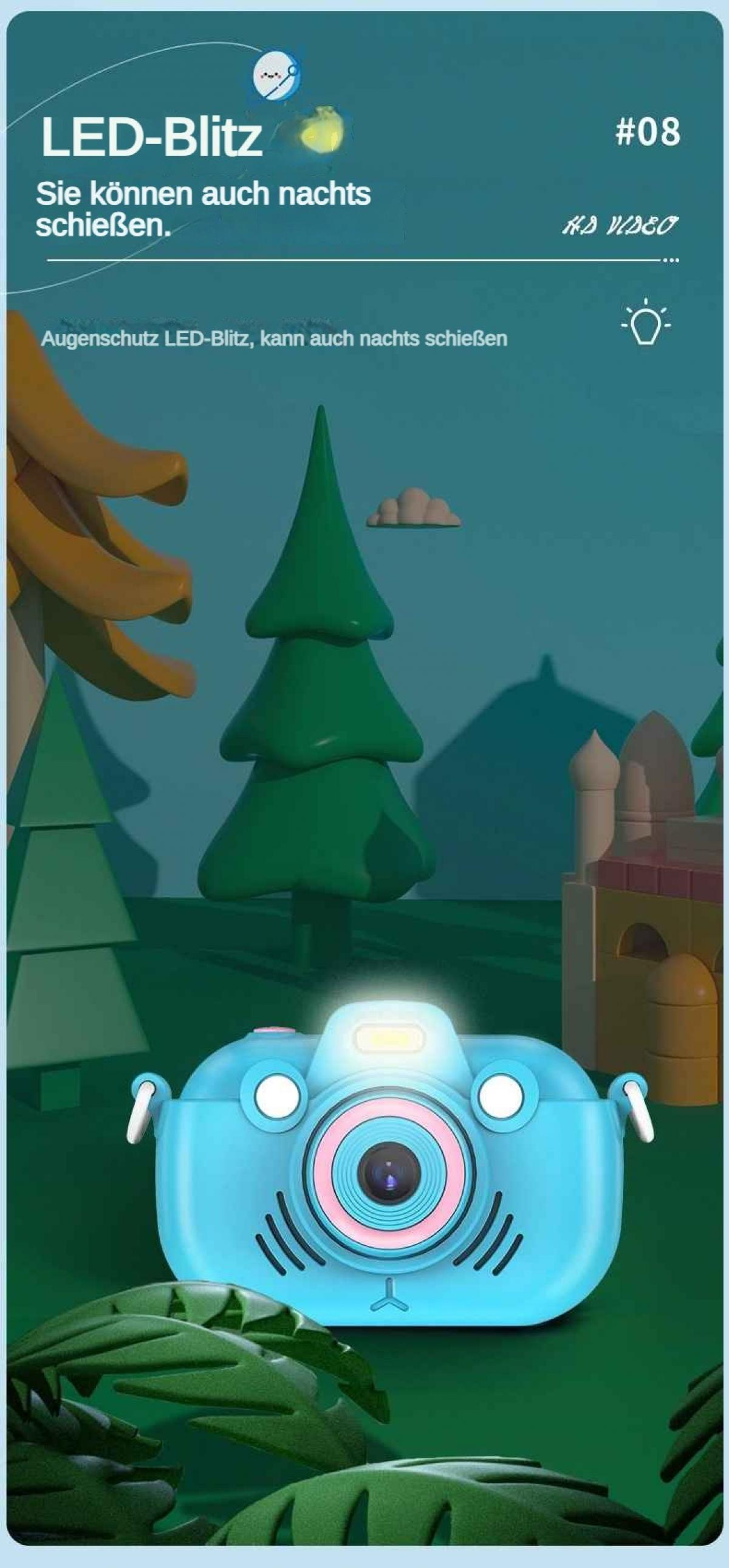 Eine blaue Kinderkamera mit einem Blitz leuchtet vor einer Szene mit Bäumen und einem Gebäude.