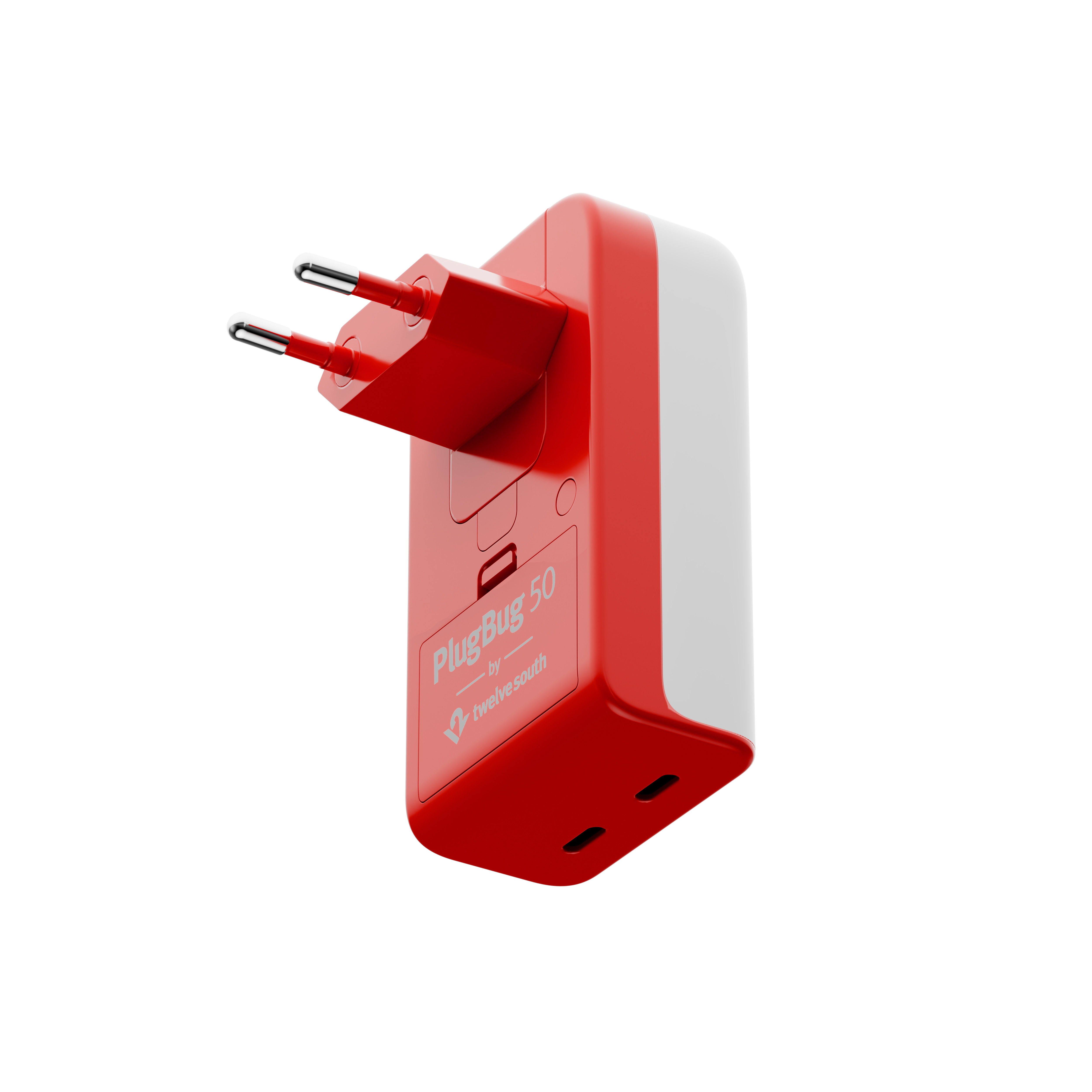 Un adattatore da viaggio rosso e bianco con spinotti.