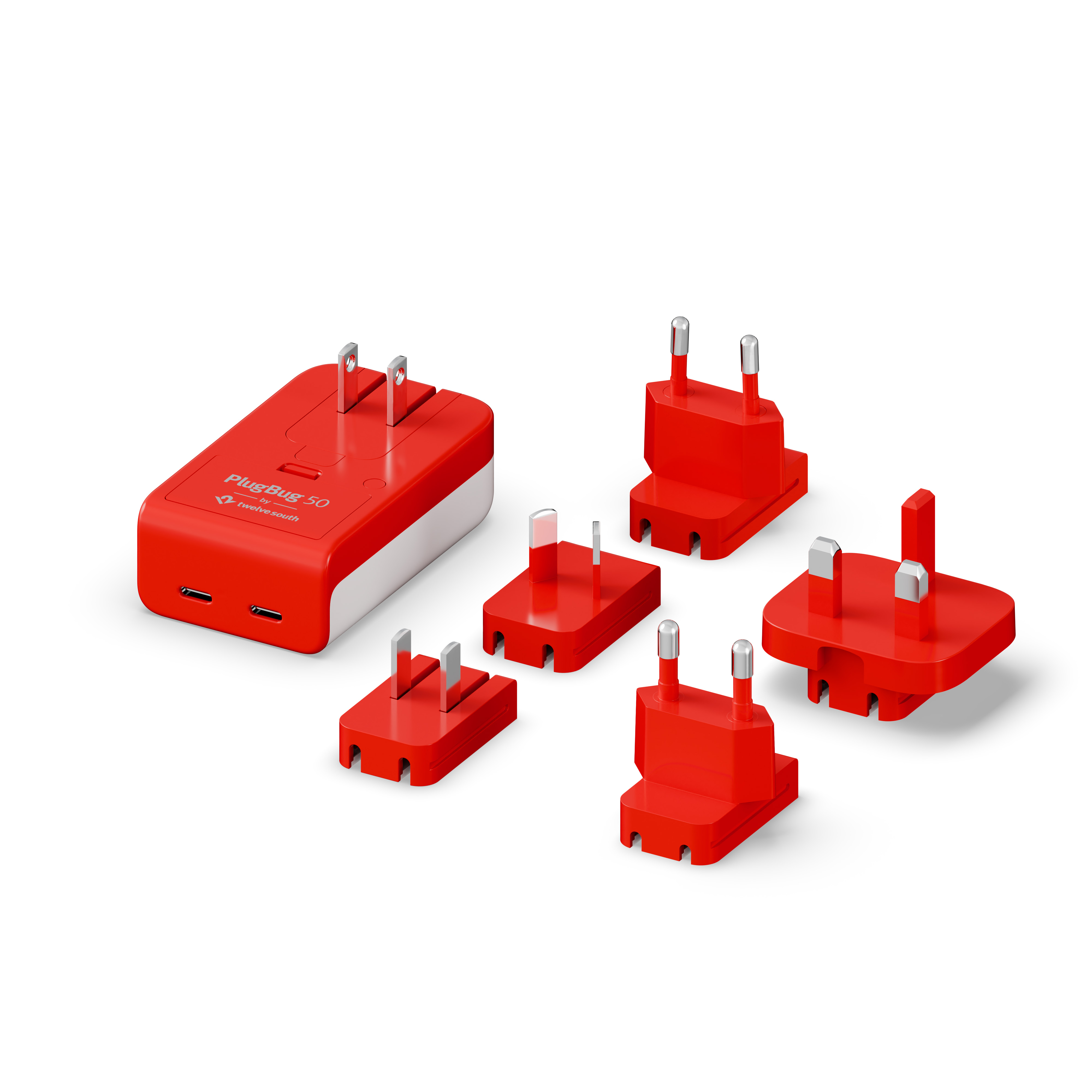 Adattatore da viaggio rosso con spine intercambiabili e due porte USB-C.