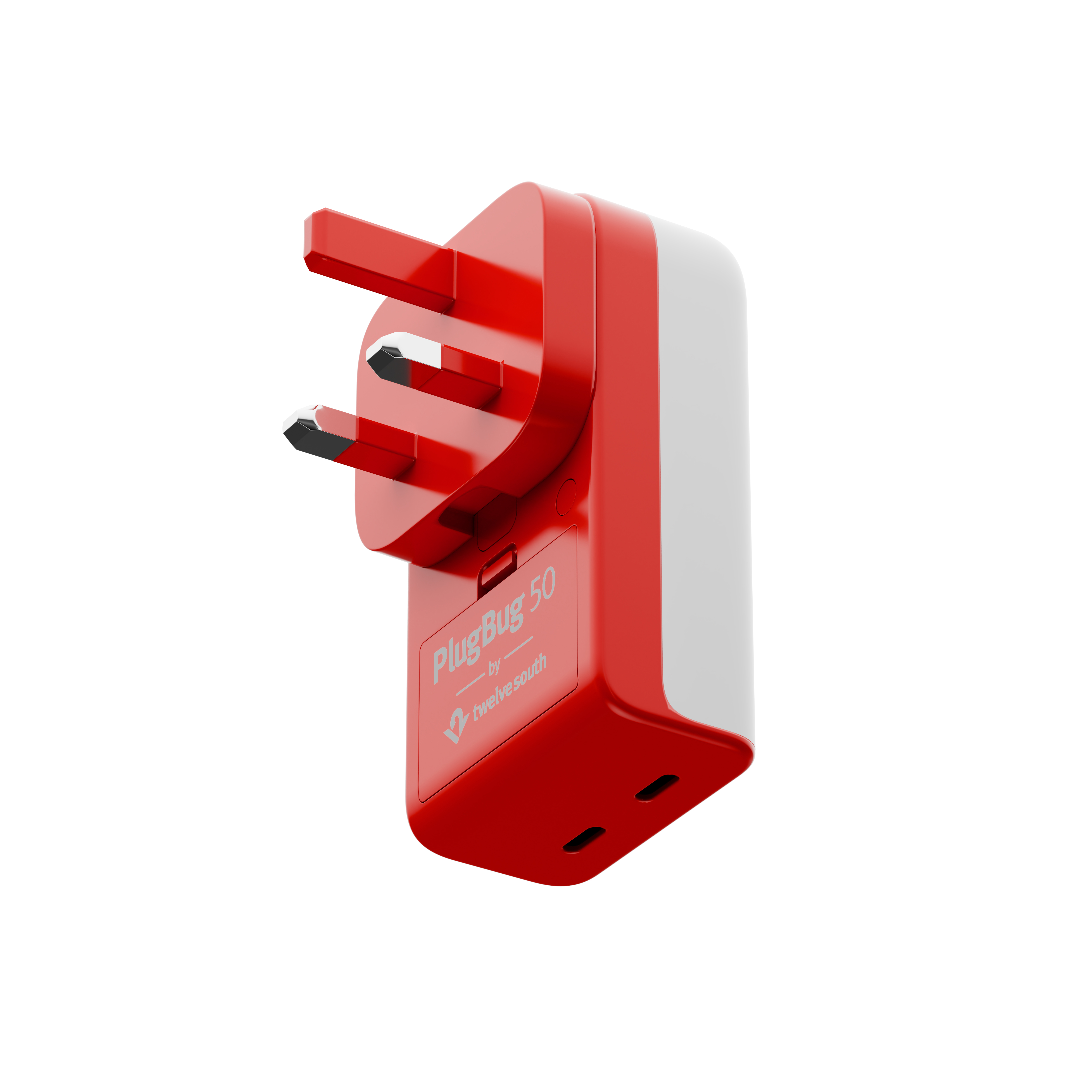 Un adattatore da viaggio rosso e bianco con tre pin e prese.