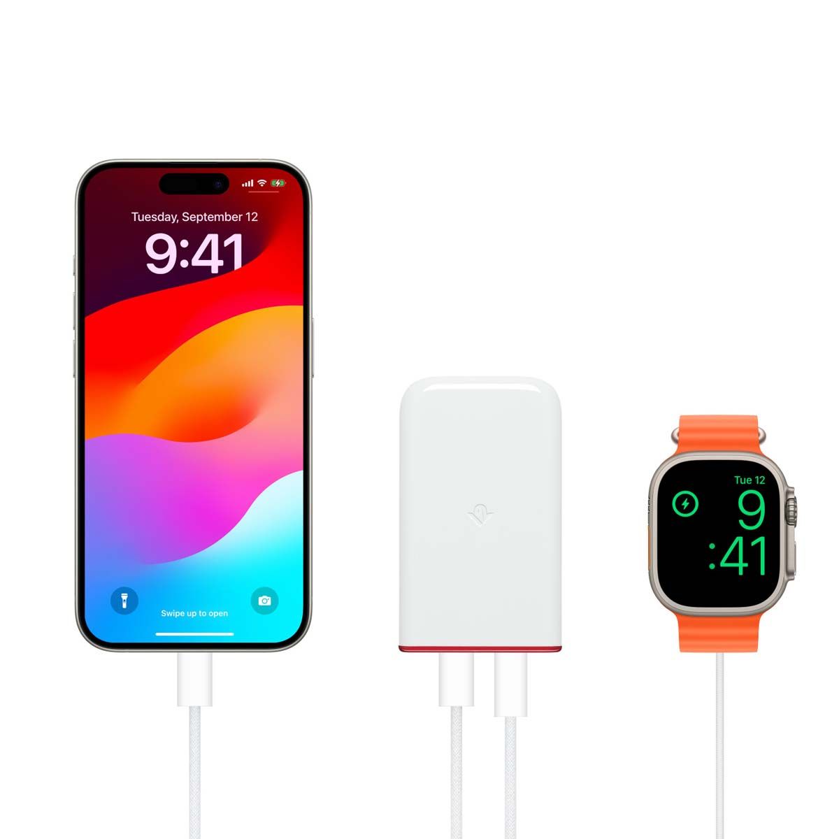 iPhone, caricabatterie e Apple Watch su sfondo bianco.