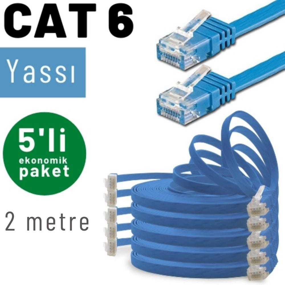Cat 6 yassı mavi Ethernet kabloları, 2 metre, 5'li paket.