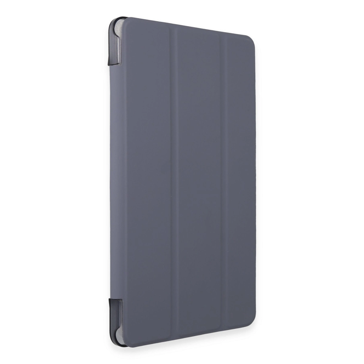 Üç katmanlı, köşe tutuculu gri tablet kılıfı, beyaz arka plan üzerinde.