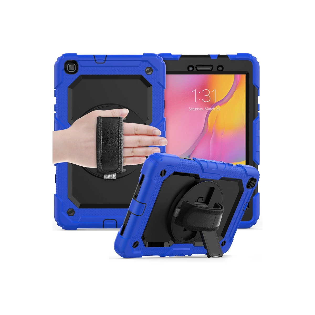 Mavi tablet, sağlam kılıfta, stantlı ve elde tutma kayışlı.
