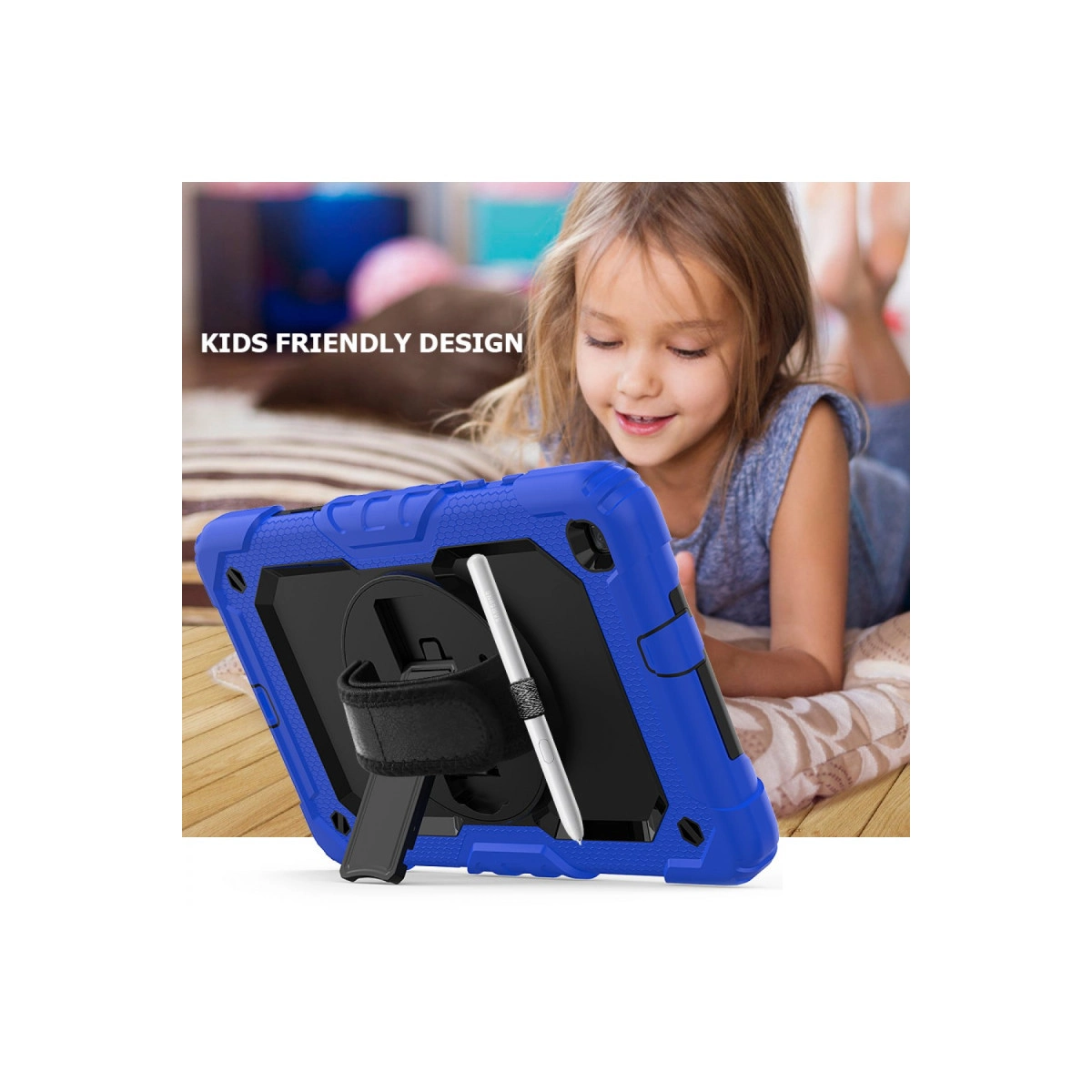 Standlı ve kalemli mavi tablet kılıfı, çocuk izliyor.